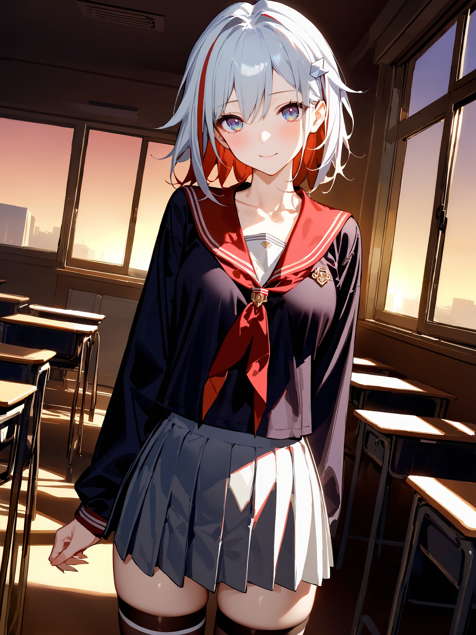 masterpiece, best quality, perfect features, intricate details, ray tracing, very aesthetic, (hitenkei, askzy:0.4), 1girl, topaz \(honkai: star rail\), hairpin, classroom, serafuku, sailor collar, pleated skirt, thighhighs, sunset, blush, cowboy shot, looking at viewer, facing viewer,  light smile, sunset, window, backlighting, depth of field  <lora:Char-HonkaiSR-Topaz-XL-V1:0.8>