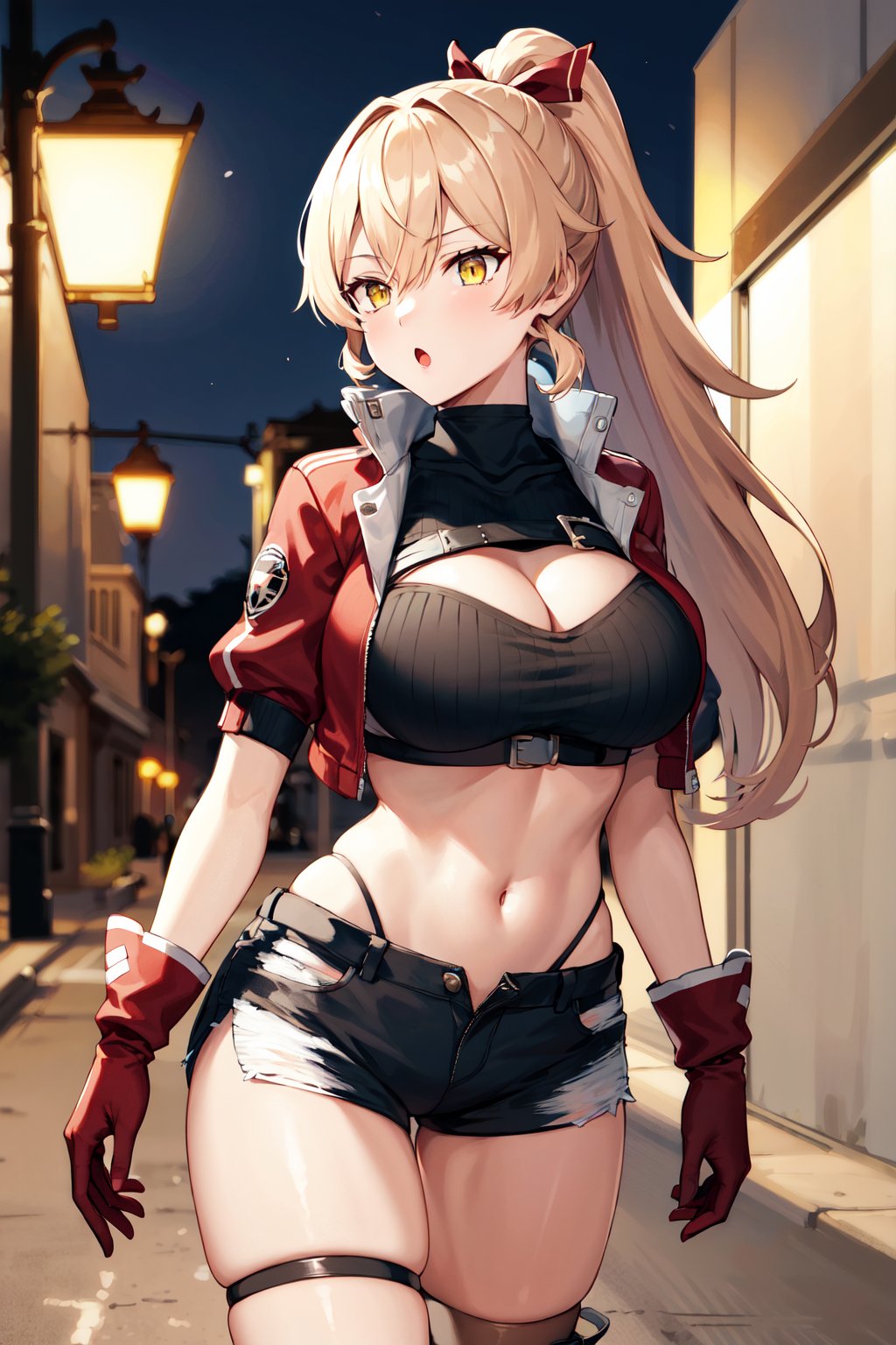 masterpiece, best quality, highres, ccnui, very long hair, blonde hair, ponytail, hair ribbon, hair between eyes, yellow eyes, turtleneck, cleavage cutout, crop top, black shirt, cropped jacket, open jacket, short sleeves, red gloves, black shorts, thigh strap, <lora:nui_sociere_v1:0.7>, :o, walking, cowboy shot, street, night