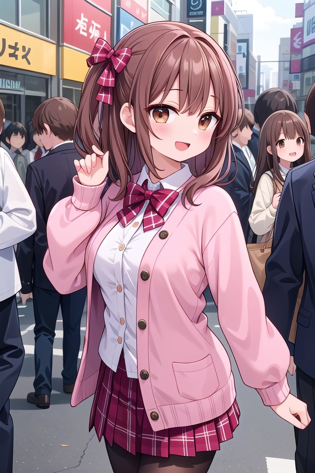 insanely detailed, absurdres, ultra-highres, ultra-detailed, best quality,1girl, solo, nice hands, perfect handsBREAK(School Uniforms:1.2), (pink cardigan is fit body:1.4), ((do up a buttons, not loose):1.5), ((long sleeve, sleeves past wrists):1.2), (inner wear is white collared-shirt:1.3), (red plaid-pattern bow:1.3), (red plaid-pattern pleated skirt:1.3), ((dark-brown pantyhose, loafers):1.2) ,BREAKhappy smile, laugh, open mouth, standing,from side,cute pose, cowboy shot,BREAKslender, kawaii, perfect symmetrical face, ultra cute girl, ultra cute face, ultra detailed eyes, ultra detailed hair, ultra cute, ultra beautiful,BREAKin harajuku, shibuya, tokyo, street, crowd, cityscape,BREAKmedium large breasts,(brown hair, brown eyes), hime cut