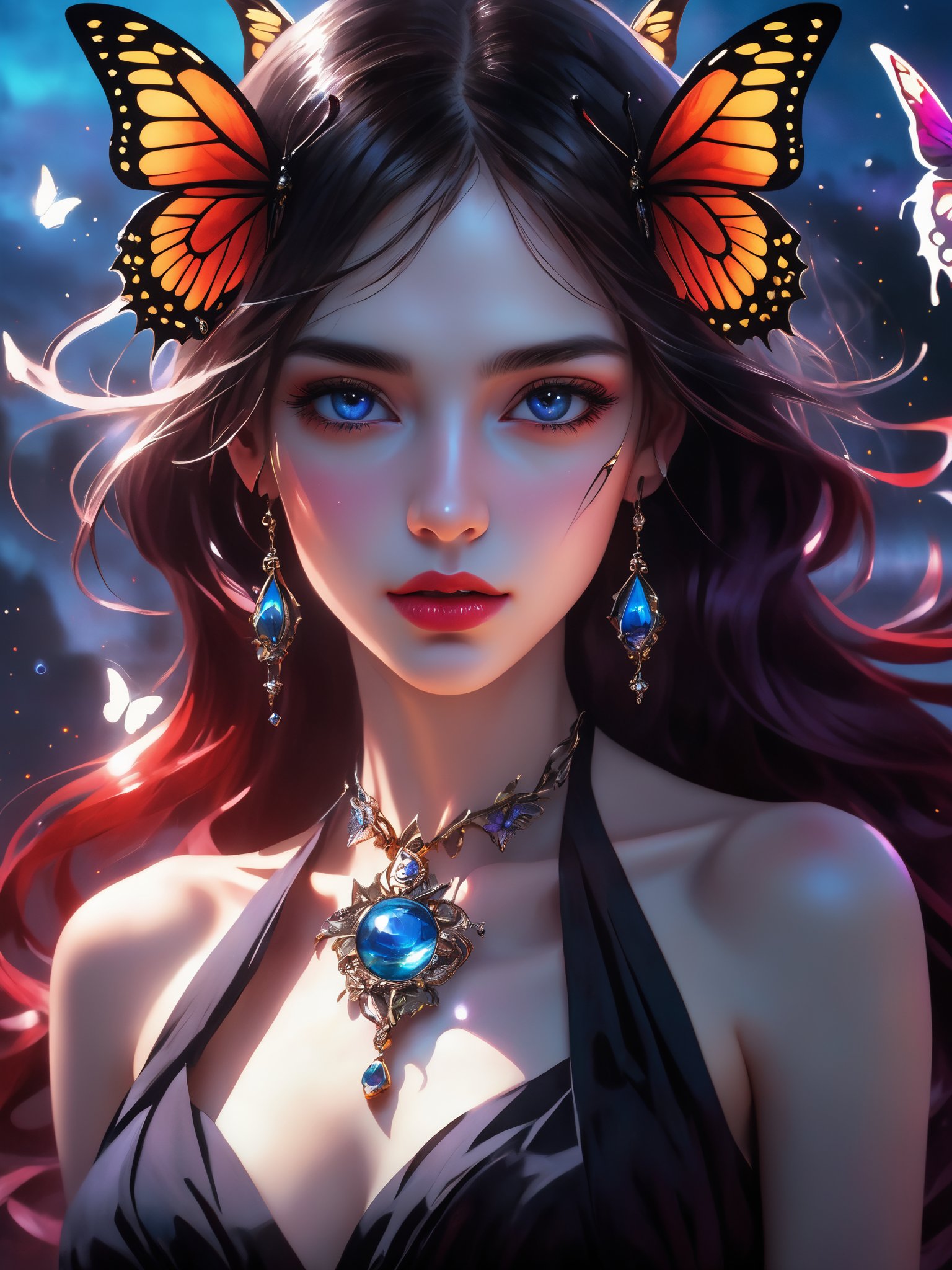 (DCG:0.2)(Collage 1.5),(Eyes for details),finely detail,Depth of field,extremely detailed CG unity 8k wallpaper,masterpiece,Vampire girl,Beautiful long dark purple hair,(1 girl :1.5),((Beautiful butterflies in detail)),(black halter dress :1.3),(((solo))),(hairs curling in the water)),(red water :1.2),(blue background:1.3),(Background of details),(Starry sky in beautiful detail),(Hazy fog),Perfect details,Beautifully gorgeous necklace,{{{Authentic and detailed face}}},High exposure,Bright light,(Reflective glass fragments :1.7),(small glass sphere :1),(Gemstone texture :1.5),Detail of the colored pupil,,(aurora),tears,cinematic angle ,Purple rose flower frame,chromatic aberration,(Broken mirror :0.7),Armin Hansen,studio photo,intricate details,highly detailed,