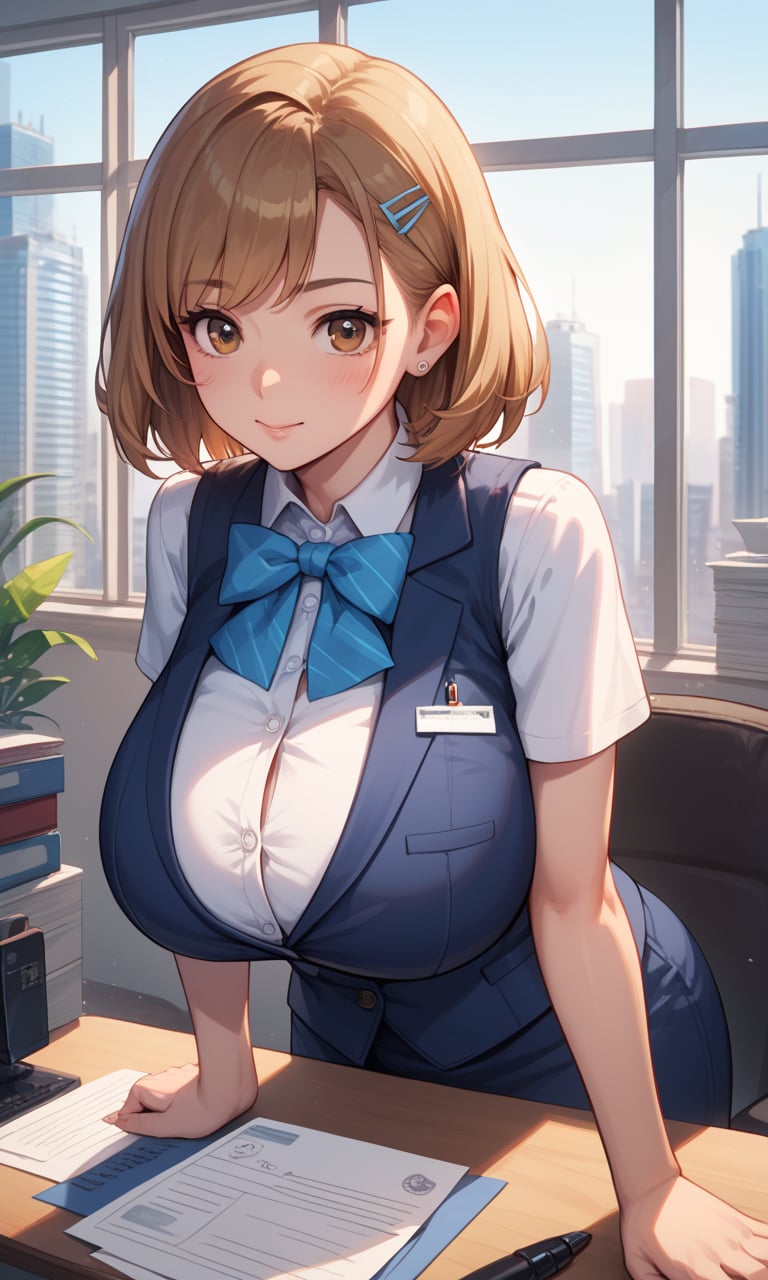 score_9, score_8_up, score_7_up, score_6_up, score_5_up, score_4_up, source_anime, BREAK, 1girl, matured female, brown eyes, huge breasts, vest, bow, best quality, hires, detailed face, office, buildings from window, detailed background, diffused sunlight, depth of field, bokeh