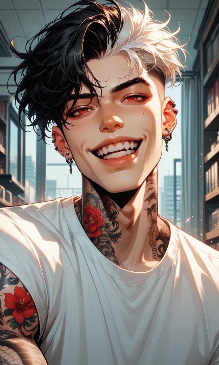 (score_9, score_8_up), score_7_up, solo, smile, short hair, open mouth, shirt, black hair, red eyes, 1boy, jewelry, upper body, white hair, male focus, multicolored hair, earrings, teeth, two-tone hair, tattoo, piercing, ear piercing, arm tattoo, facial tattoo, neck tattoo, eyebrow cut<lora:MarvelFboi1.3:0.8>