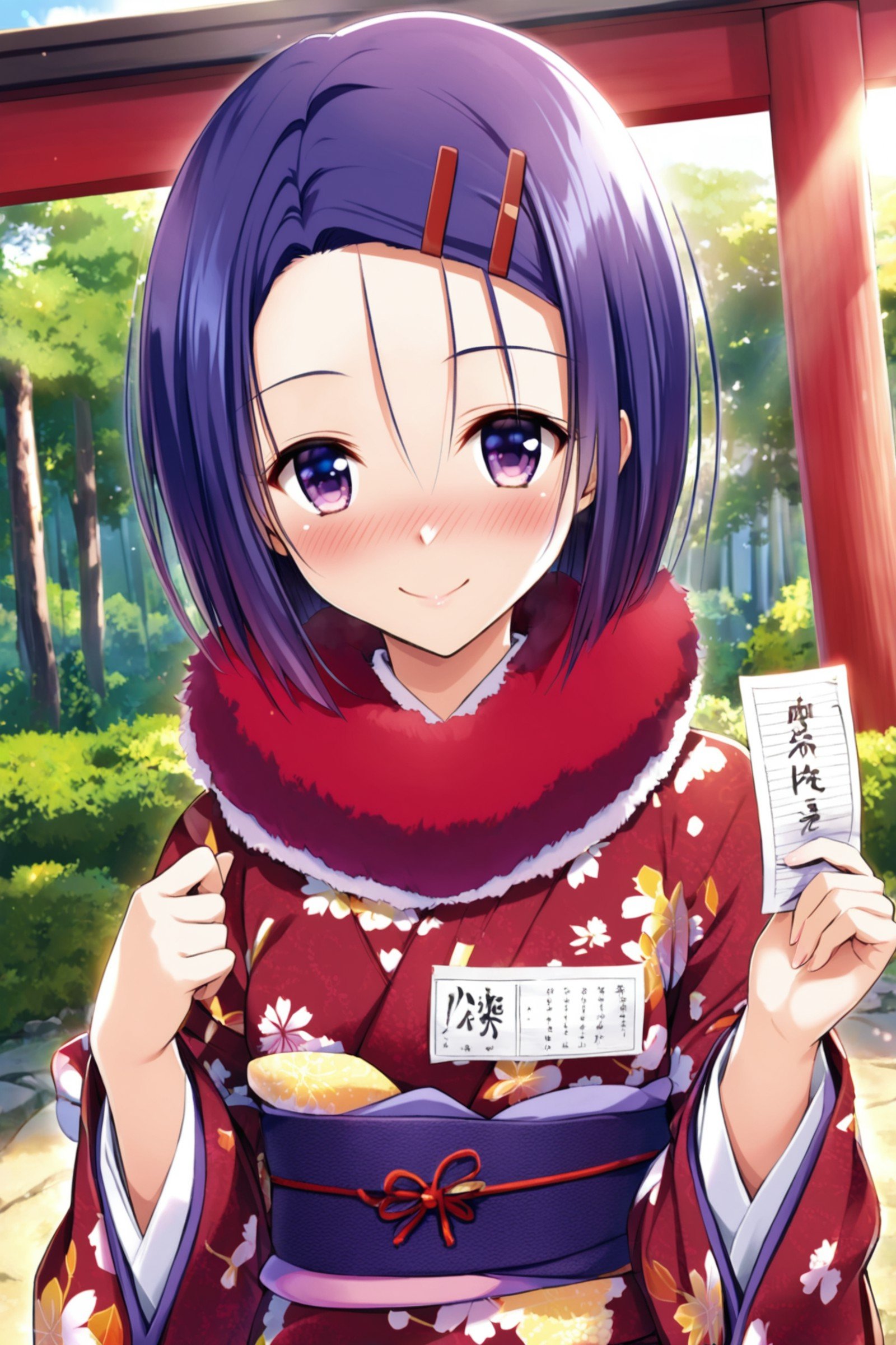 1girl,haruna sairenji,solo,japanese clothes,smile,hair ornament,kimono,blush,sash,obi,looking at viewer,omikuji,purple eyes,short hair,hairclip,holding,blue hair,torii,outdoors,red kimono,floral print,day,closed mouth,long sleeves,wide sleeves,upper body,paper,sunlight,print kimono,bangs,nose blush,fur collar,blurry,forehead,hair between eyes,pom pom (clothes),<lora:Yabuki Kentarou_XL_netaArt:0.8>,