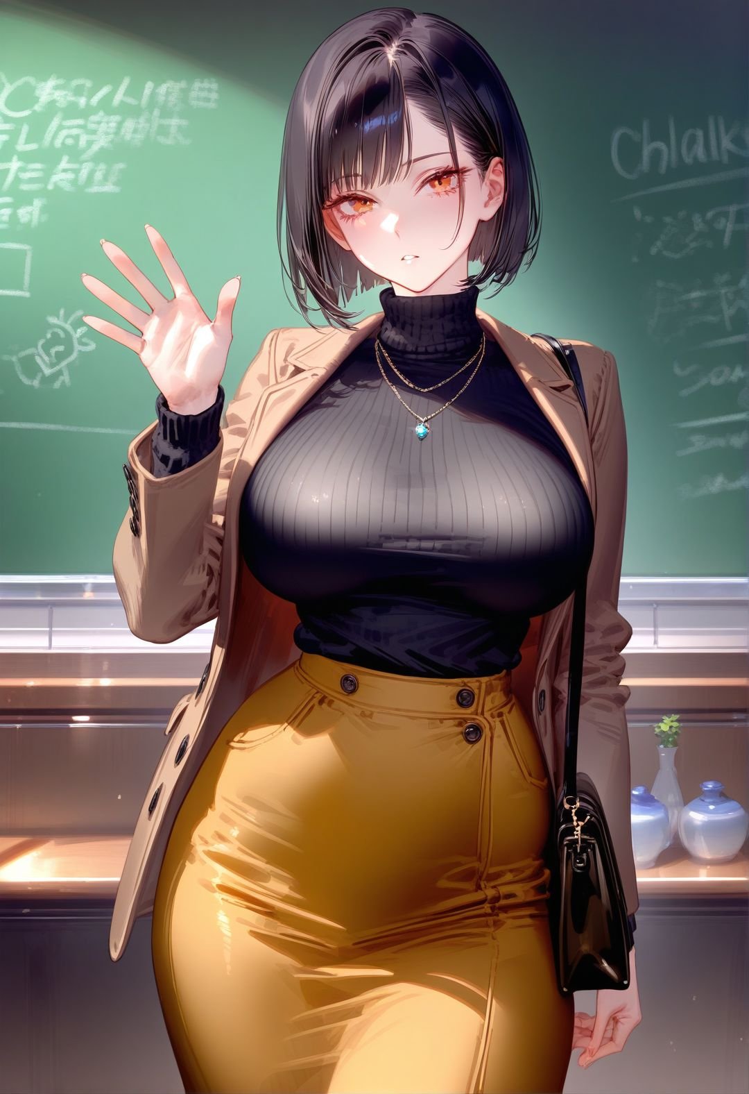 masterpiece, best quality,  <lora:RAR 0.4v:1>,RAR, curvy, curves, curvy body, 1girl, breasts, skirt, solo, black hair, bag, short hair, necklace, jewelry, sweater, jacket, turtleneck, arm behind back, large breasts, chalkboard, black sweater, turtleneck sweater, waving, looking at viewer, handbag, brown eyes, open clothes, open jacket, long sleeves, red eyes, brown jacket, long skirt, high-waist skirt, brown skirt, shoulder bag, shirt, black shirt, shirt tucked in, parted lips, yellow skirt, hand up, standing, expressionless, bob cut, indoors, motherly,