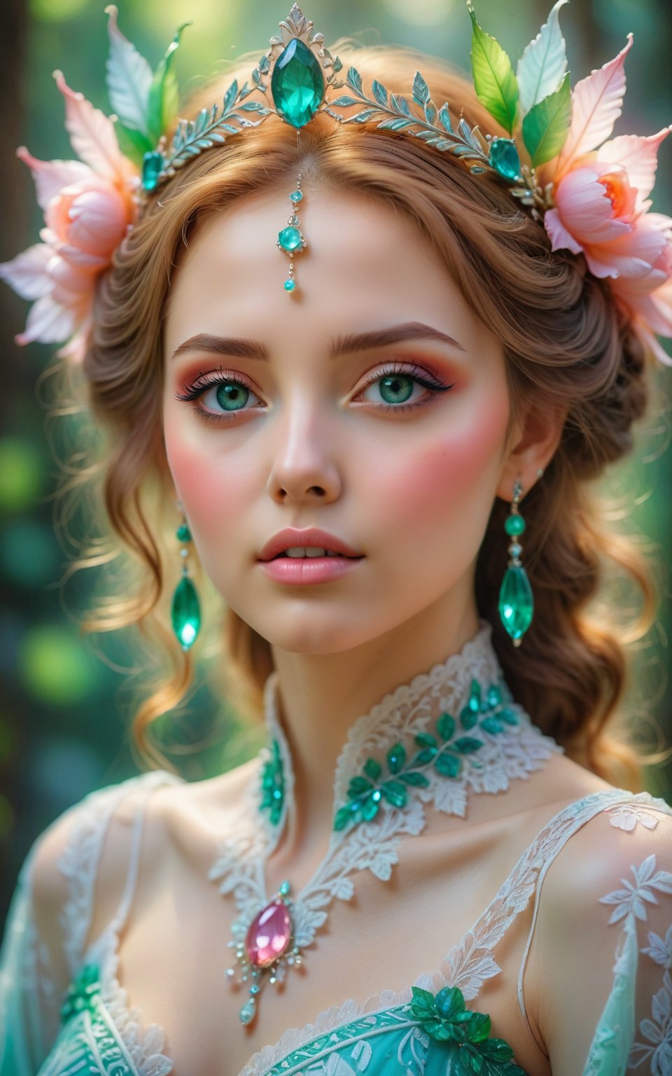 (best quality, 4K, 8K, high-resolution, masterpiece), ultra-detailed, colorful pastel, beautiful young woman, digital art, detailed facial features, light pink tones, emerald tones, charming character illustrations, soft focus, intricate design, gentle expression, ethereal atmosphere, vibrant colors, delicate details, artistic elegance, high detail, high resolution.