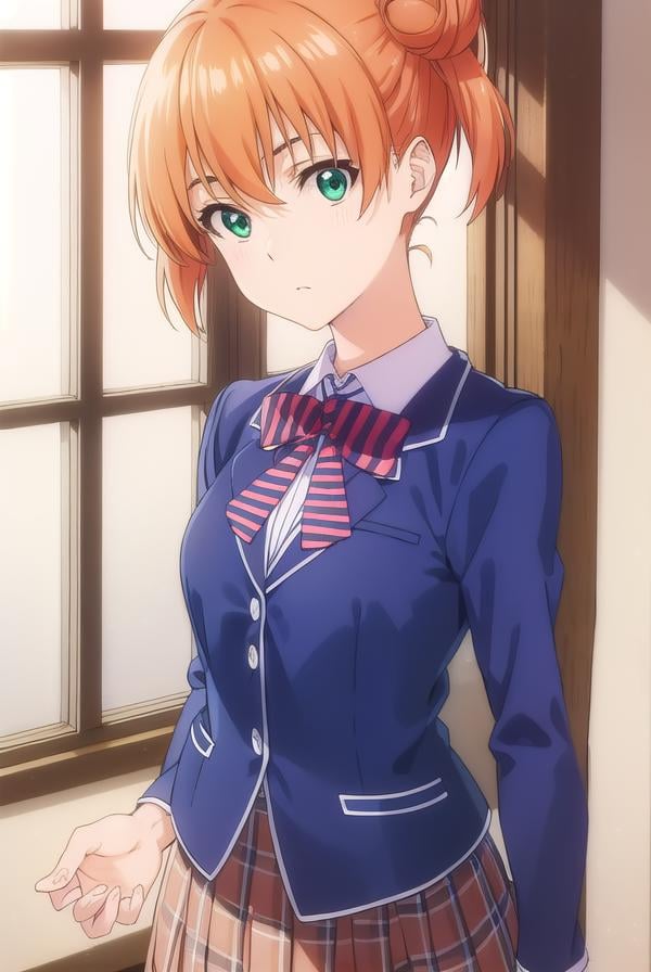 yuukiyoshino, <lora:yuuki yoshino s1-lora-nochekaiser:1>,yuuki yoshino, short hair, twintails, (green eyes:1.3), hair bun, orange hair, double bun,BREAK bow, school uniform, striped, bowtie, blazer, striped bowtie, blue blazer, brown skirt, plaid skirt, plaid,BREAK indoors, kitchen,BREAK looking at viewer, (cowboy shot:1.5),BREAK <lyco:GoodHands-beta2:1>, (masterpiece:1.2), best quality, high resolution, unity 8k wallpaper, (illustration:0.8), (beautiful detailed eyes:1.6), extremely detailed face, perfect lighting, extremely detailed CG, (perfect hands, perfect anatomy),