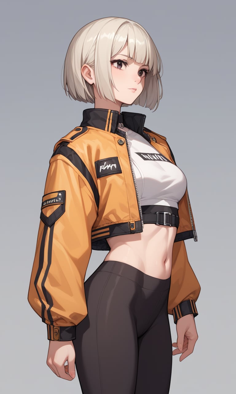 score_9, score_8_up, score_7_up, score_6_up, score_5_up, score_4_up, source_anime, BREAK, 1lady,solo,leggings,cropped top,jacket,platinum blonde,bob cut,cowboy shot,black eyes,a hovering text '?',