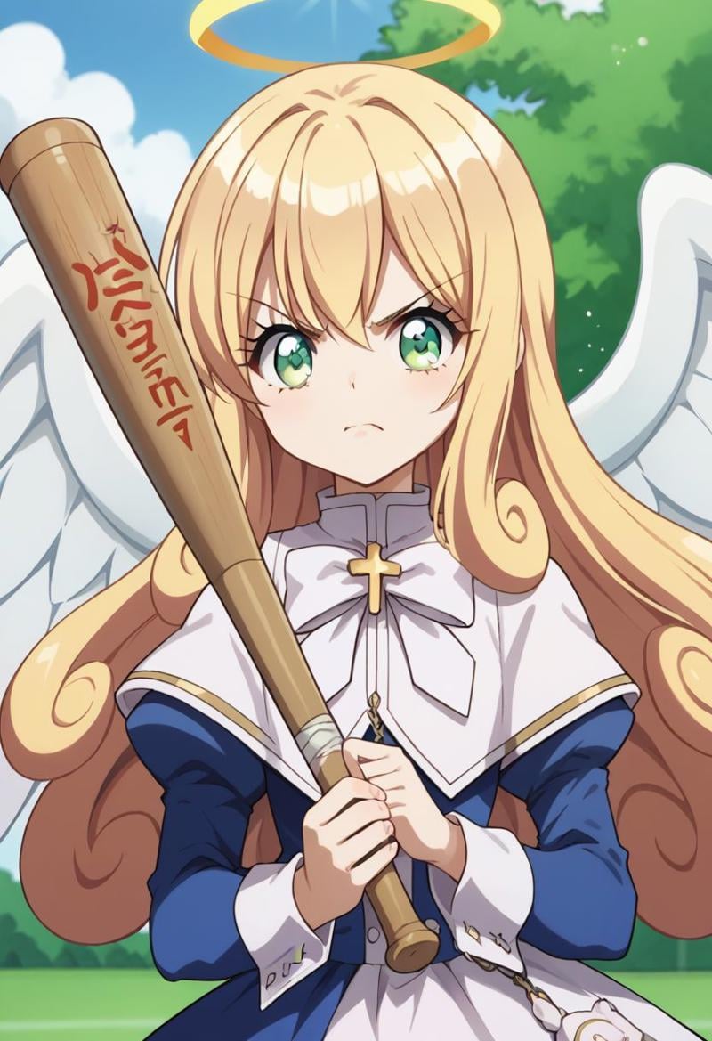 score_9, score_8_up, score_7_up, source_anime, highly detailed, 1girl, solo, cute, upper body,poporon, 1girl, blonde hair, solo, halo, angel, wings, green eyes, long hair, angel wings, boots, dress, hold, holding baseball bat, hold with both hands, angry, parody, anger vein,