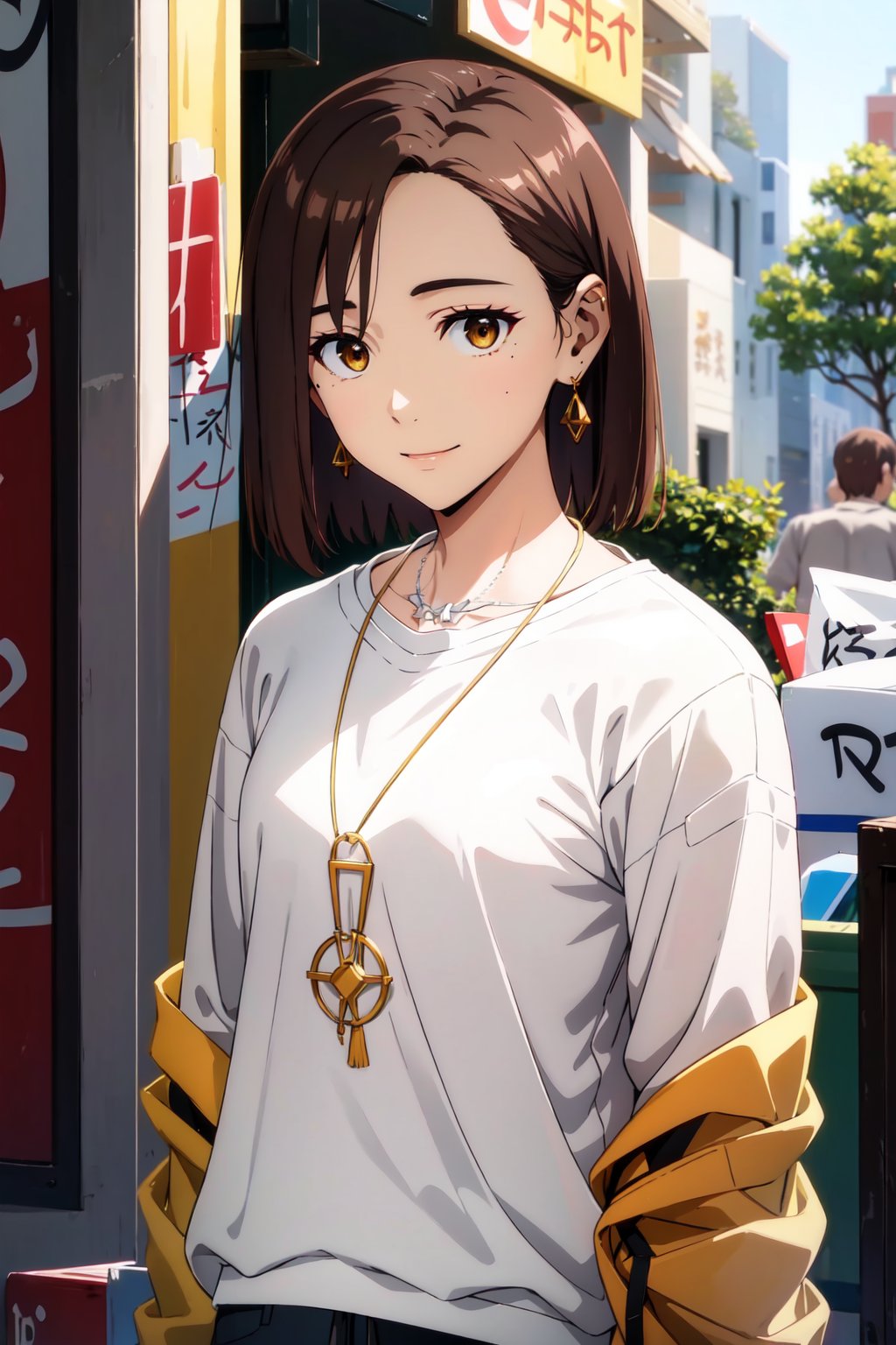 <lora:KotohaTachibana:0.8>, Kotoha Tachibana, 1girl, solo, looking at viewer, smile, short hair, brown hair, shirt, hair between eyes, brown eyes, jewelry, closed mouth, white shirt, earrings, necklace, mole, blurry, mole under eye, blurry background, portrait, ((masterpiece))