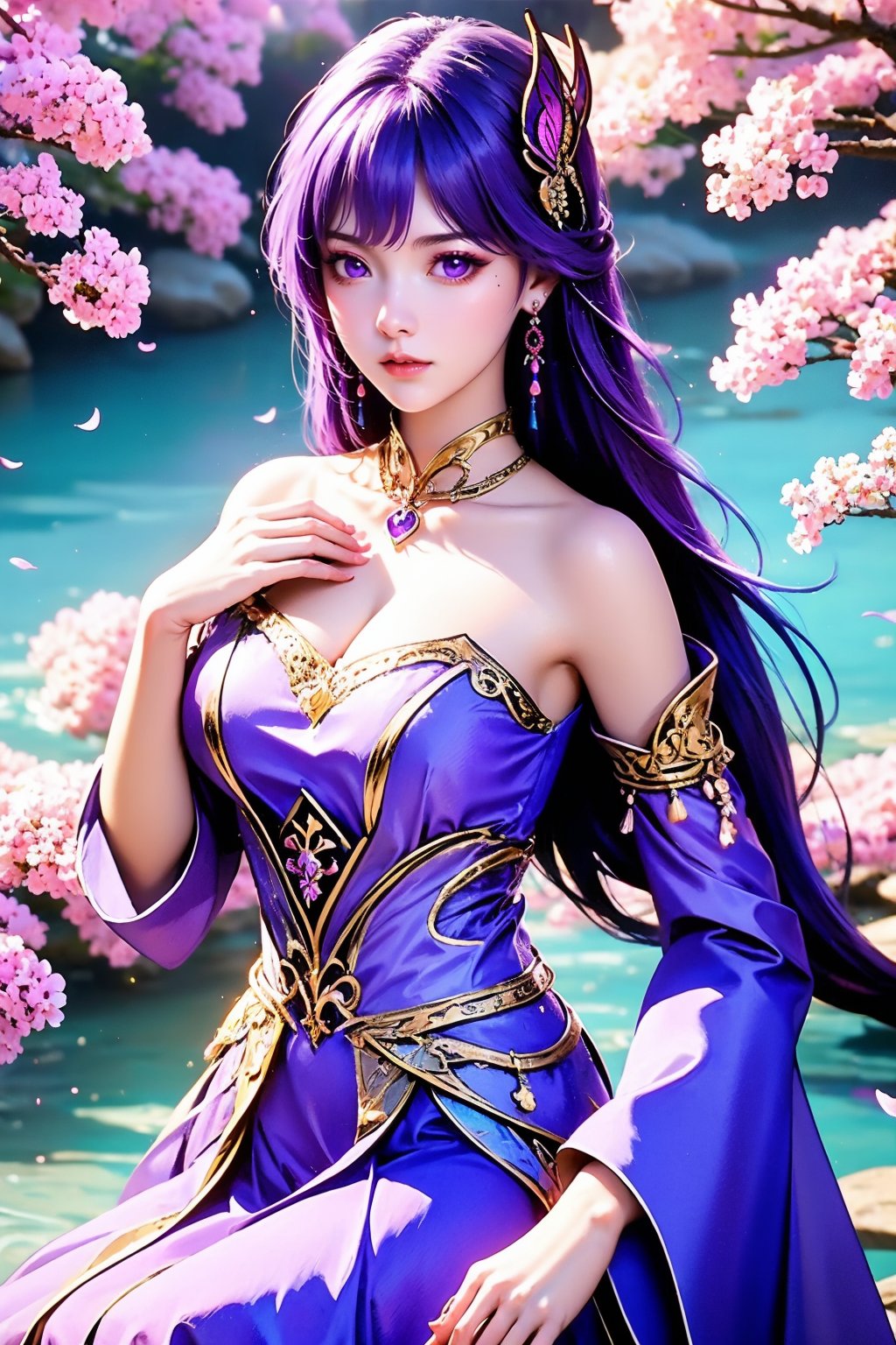 1girl, solo, dress, hair ornament, purple hair, jewelry, long hair, earrings, hand on own chest, purple eyes, bare shoulders, upper body, cherry blossoms, white dress, branch, flower, detached sleeves, petals, water, detached collar, falling petals, closed mouth, butterfly hair ornament, looking at viewer, purple dress, blurry background, blurry, breasts, strapless, mole