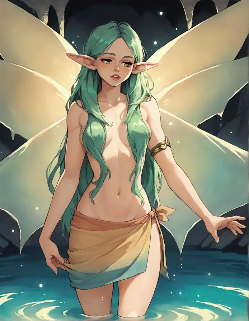 score_9, score_8_up, score_7_up, score_8, score_7, 1girl, <lora:tp_great_fairy_tpgrtfiry_ponyxl_v2-000080:0.9> tpgrtfiry, sarong, wings, green hair, cave, water, glowing, light particles,