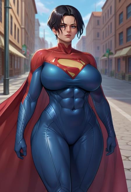 score_9,score_8_up,score_7_up,score_9,score_8_up,score_8,ultra detailed,beautiful face,detailed background,detailed face,4k,HD,8k,highres,antialiasing,detailed,texture BREAK <lora:supergirl:0.8>,SupergirlSC,1girl,short hair,large breasts,black hair,thighs,cape,bodysuit,covered navel,solo,muscular,thick thighs,skin tight,mature female,muscular female,red cape,superhero,blue bodysuit,cowboy shot,street background,street,cowboy shot, 