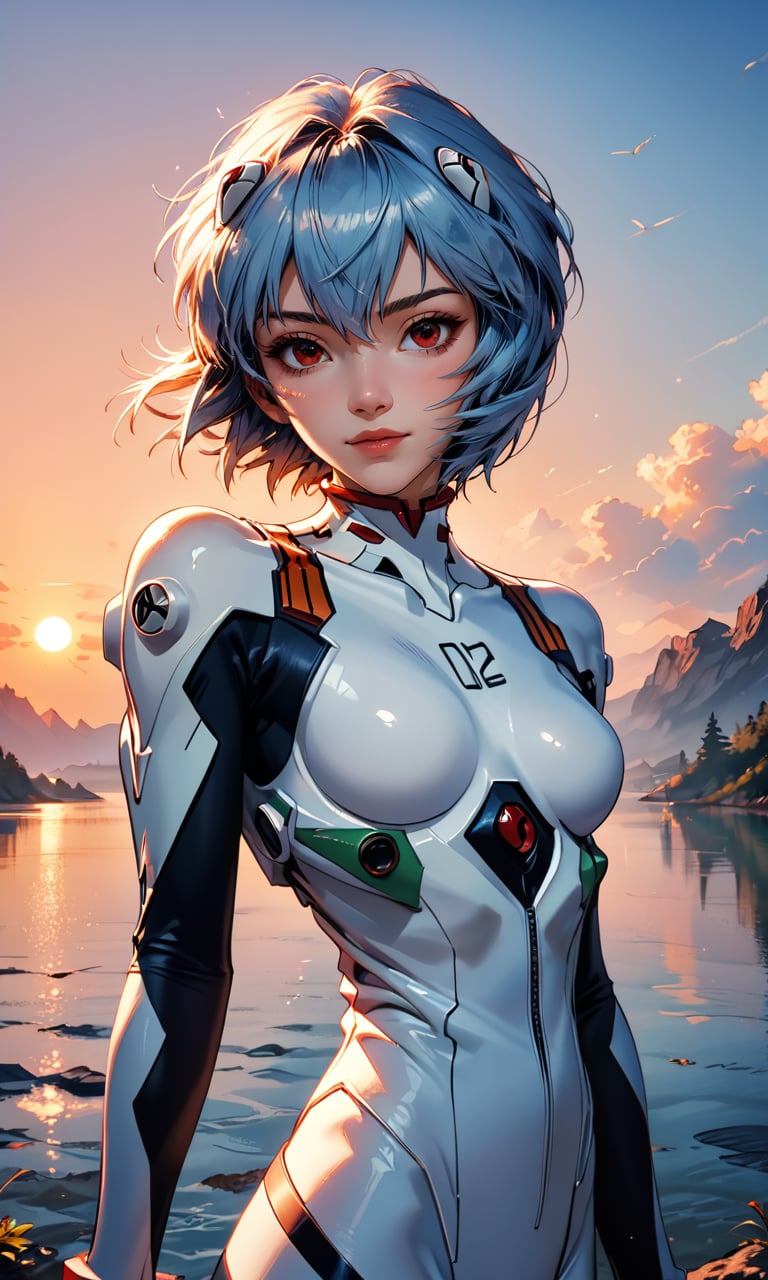 score_9, score_8_up, score_7_up, Ayanami Rei, red eyes, short light blue hair, floating hair, adult, flirting, cowboy shot, artistic photo, white Evangelion plugsuit, light smile:0.3, head tilt, detailed face, backlight, (sunset, lake background)