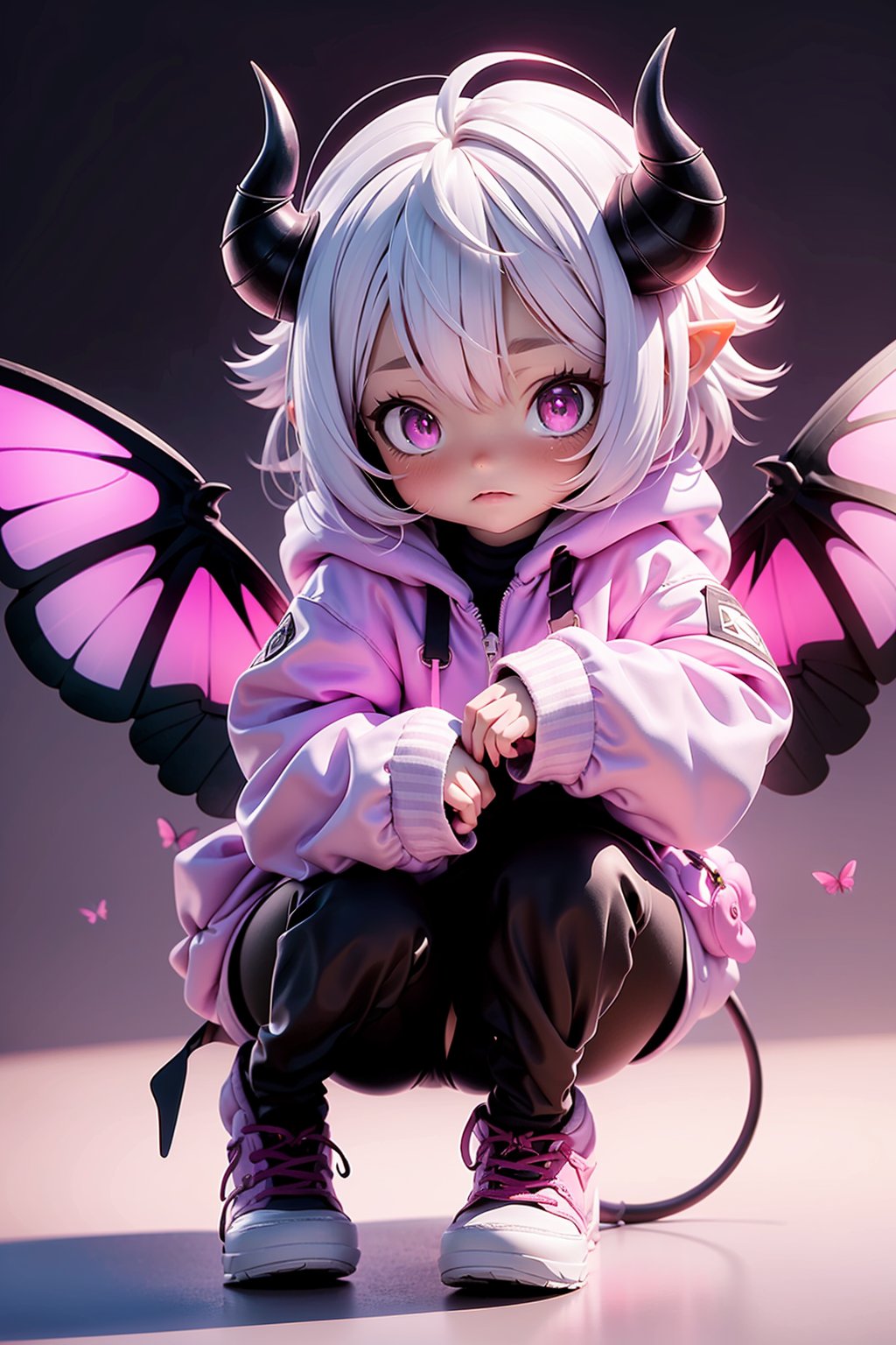 NJIP, 1girl, horns, tail, wings, squatting, solo, demon girl, white hair, bug, demon tail, pink eyes, butterfly, looking at viewer, demon wings, gradient, long sleeves, pink butterfly