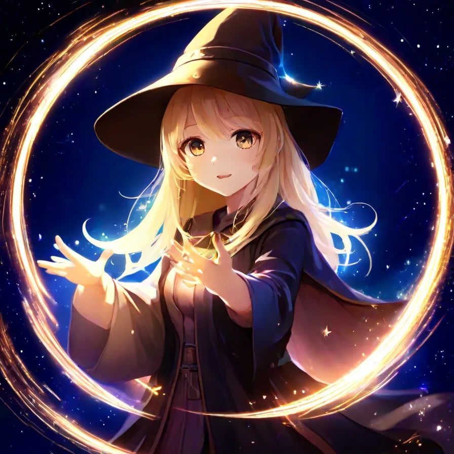 hires,best quality,blonde wizard girl ,wizard hat,background Magic Circle,particles of light,star trail