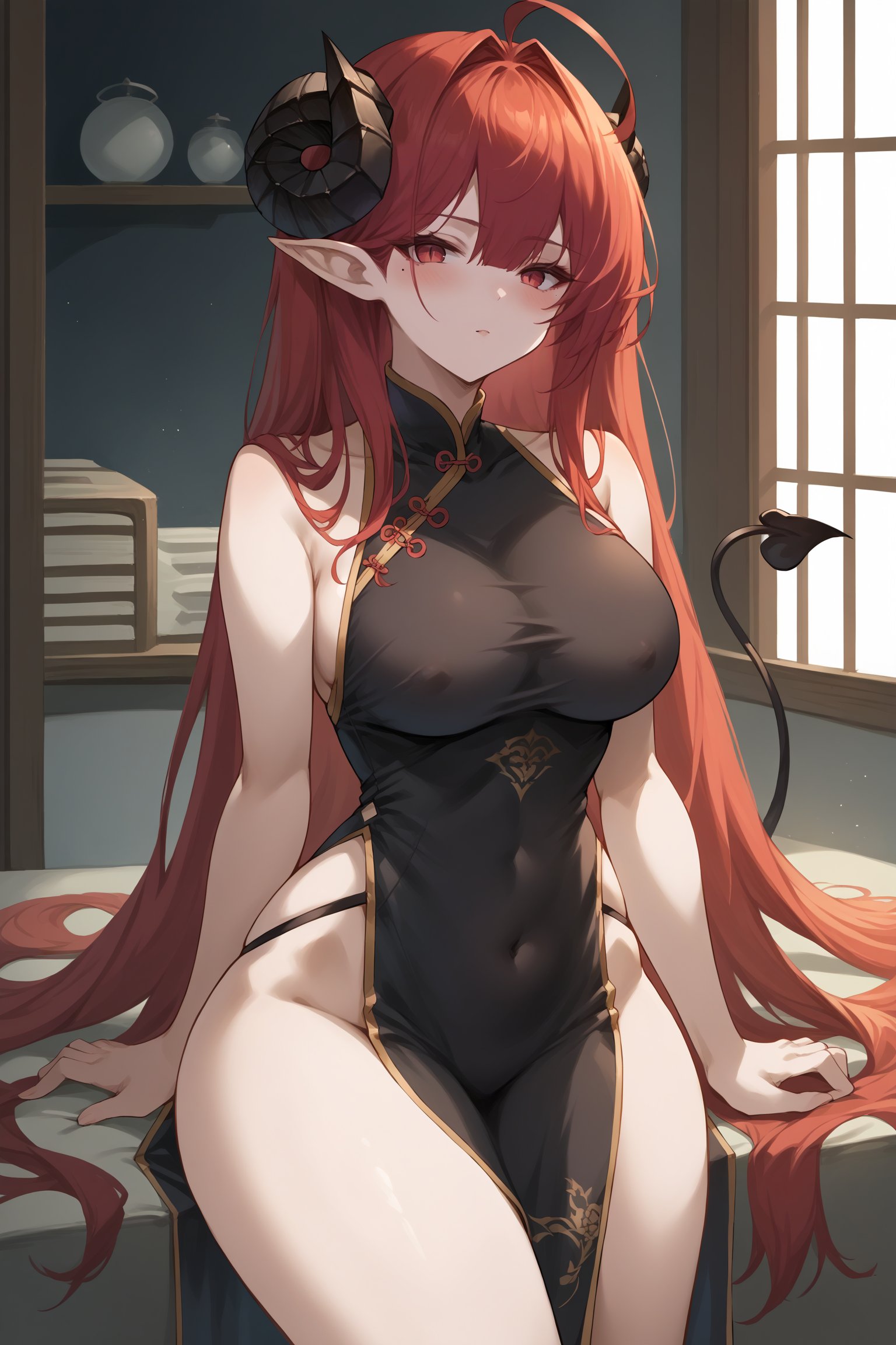 score_9, score_8_up, score_7_up, , rating_explicit,nsfw,1girl ,hinbn, ahoge, absurdly long hair, hair between eyes, mole under eye, demon horns, demon tail, demon wings, pointy ears, cheongsam, source_anime, <lora:HindenburgPDCAME AL:1>, <lora:GBFSplashArtXLPDv2:1>, gbsa, splash art, indoors, facing viewer, 