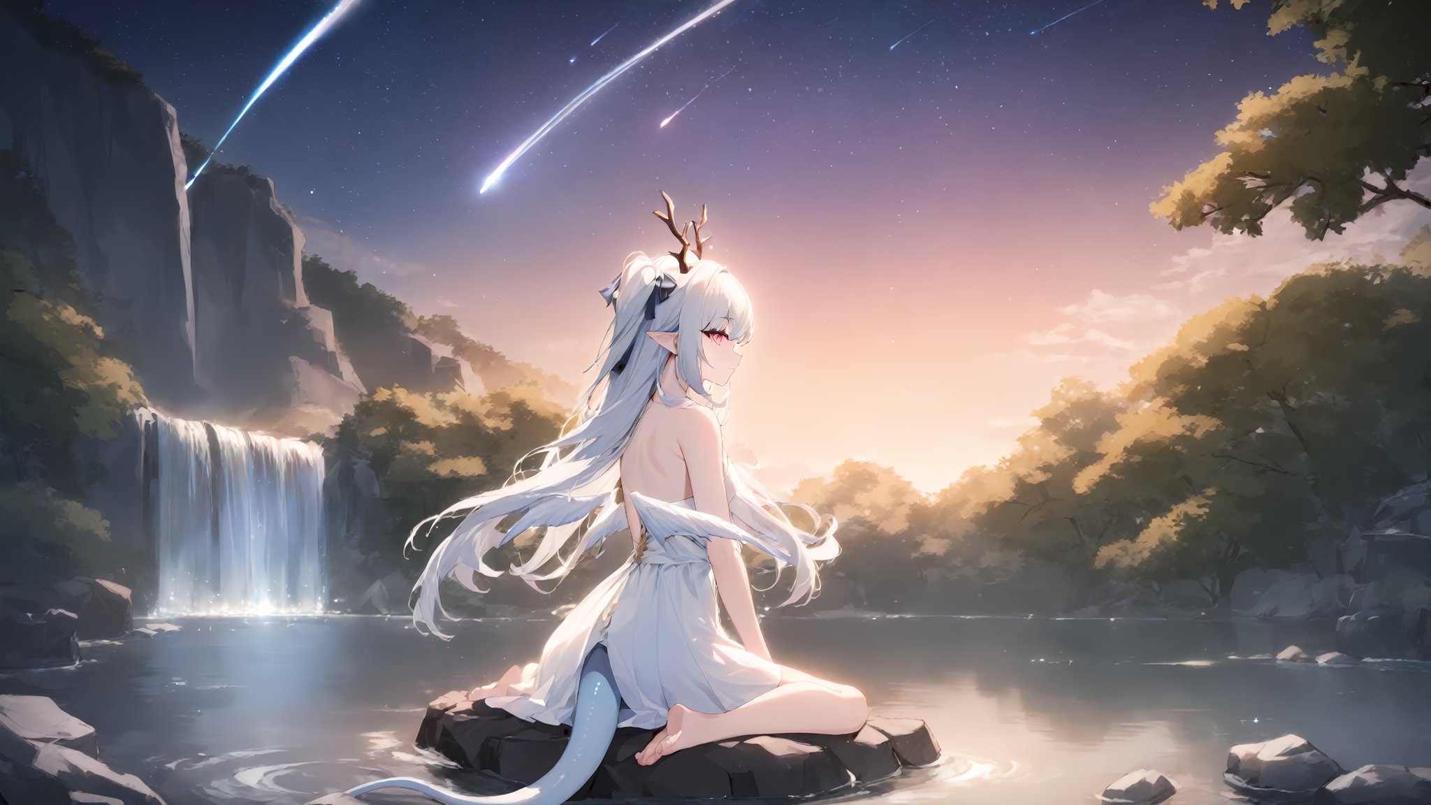1girl,masterpiece, best quality, recent, newest, absurdres, sensitive,horns, solo, long hair, wings, night, sitting, sky, starry sky, tail, side up, antlers, pink eyes, barefoot, outdoors, wariza, night sky, water, dragon tail, white hair, dragon horns, dragon girl, very long hair, bare shoulders, closed mouth, pointy ears, bangs, shooting star, bare legs, bare arms, river, lake, sakura trees, waterfall, white dress, multicolored hair, blue hair