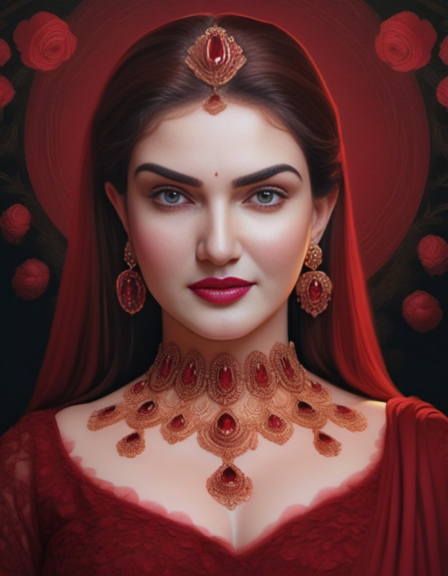 HoneyRose,<lora:HoneyRoseSDXL:1>portrait of a beautiful young lady, elegant, in the style of dark red and black, intricate details, 4k, absurdres, high quality, confident, matte painting, luminous sfumato, digital painting, very intricate, unforgettable, by tanya shatseva