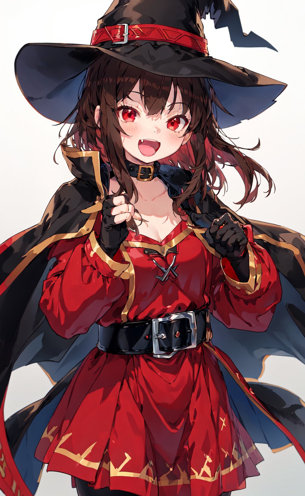 masterpiece, best quality, +++, 1girl, megumin, kono subarashii sekai ni shukufuku wo!, looking at viewer,  :d, belt, belt buckle, black belt, black cloak, black collar, black gloves, black hat, blush, brown hair, buckle, cloak, collar, collarbone, dress, fang, fingerless gloves, fingers to cheeks, gloves, hands up, hat, open mouth, red dress, red eyes, smile, solo, witch hat