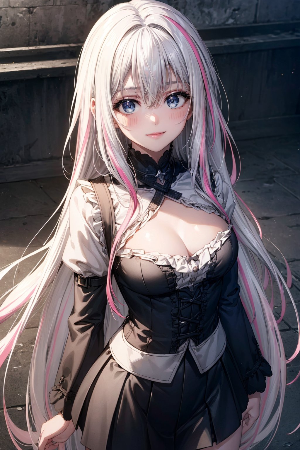 ((Top Quality, Masterpiece, Top Quality, Super Fine, High Resolution, HDR, Unity 16K Wallpaper, High Resolution CG, Beautiful Details, Depth, Delicate, Super Fine, Clear)), Detailed Face, Detailed Eyes, Dark Gray Eyes, the best smile, various hair colors, please change the hairstyle, eye-catching wallpaper, please change the pose, Gothic cityscape, 1 girl, solo, long hair, chest, looking at viewer, blush, smile, bangs, dark gray eyes, miniskirt, long sleeves, medium breasts, very long hair, white hair, blue hair, pink hair, White hair, multicolored hair, two-tone hair<lora:EMS-1093-EMS:0.200000>, <lora:EMS-80244-EMS:0.800000>, <lora:EMS-179-EMS:0.500000>