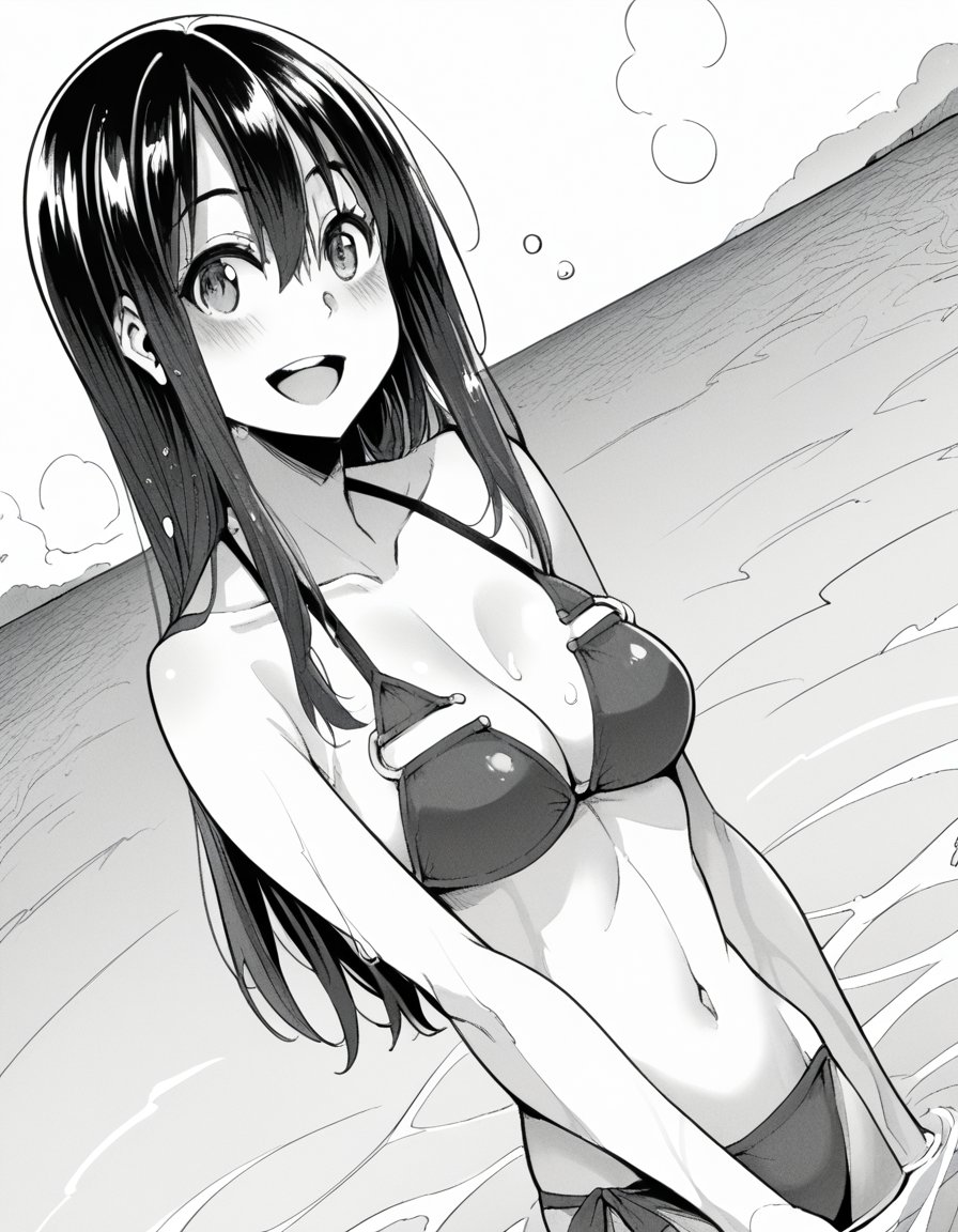 score_9, score_8_up, score_7_up, source_anime, sakiyoshida, <lora:saki-yoshida-manga-ponyxl-lora-nochekaiser:1>, saki yoshida, long hair, hair between eyes, monochrome, greyscale, black hair, medium breasts,, <lora:florida-bikini-ponyxl-lora-nochekaiser:1>, florida bikini, bikini, swimsuit,, ocean, submerged, water, blush, smile, open mouth,, cowboy shot, dutch angle,