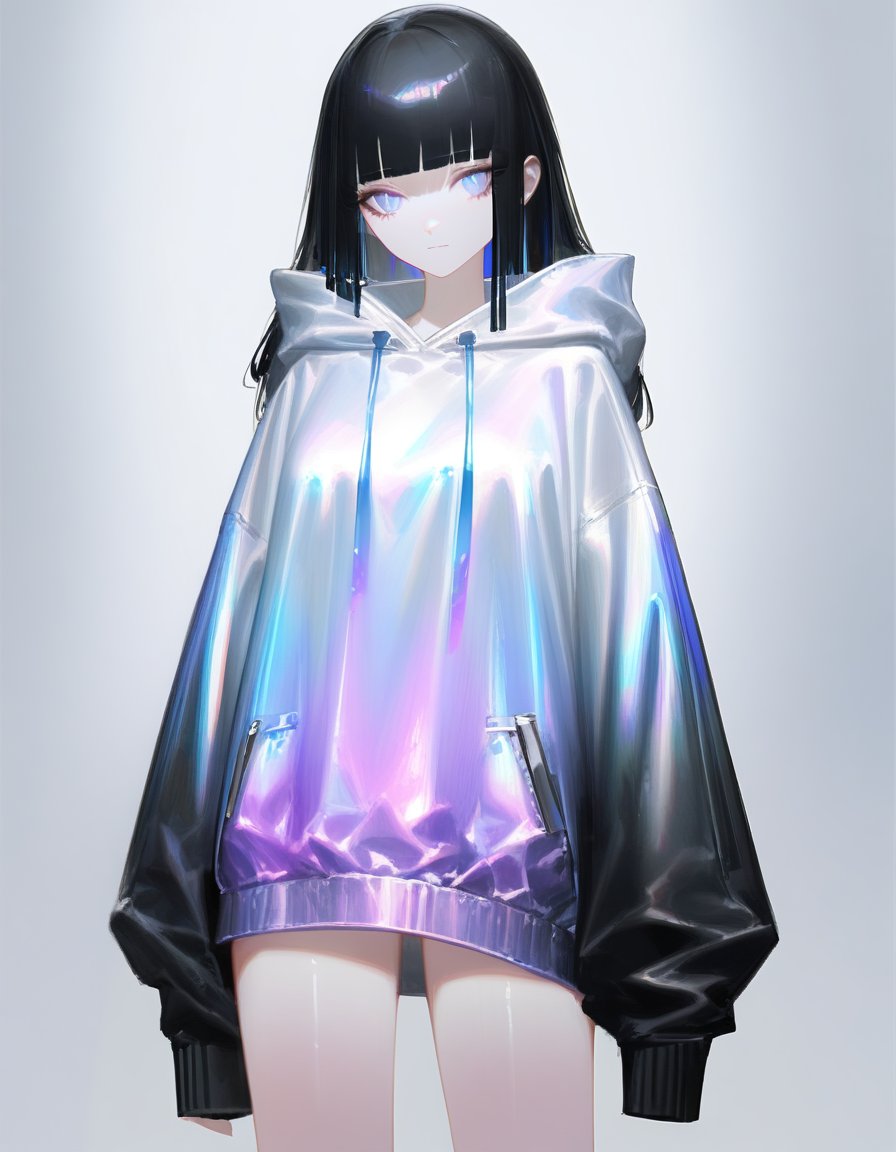 best quality, masterpiece, absurdres, fashion, standing, (iridescent:1.3) melting hoodie, thighs, by reoen, by rsef, by au \(d_elete\), 1girl, black hair, hime cut, stone