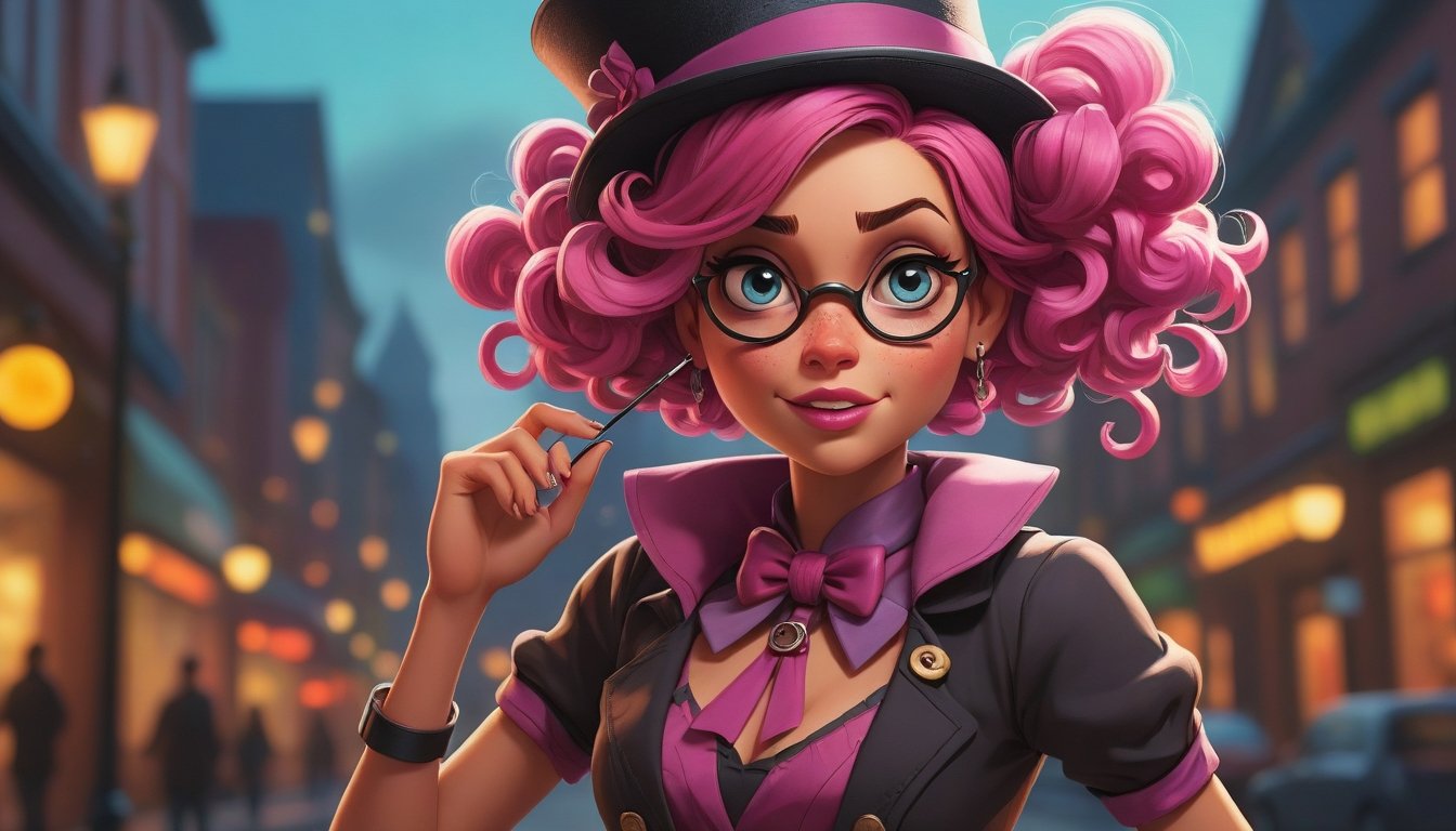 detailed Concept art, Flirty Maeve, 😀, Vivacious pose, monocle, Bokeh, Depressing, Barbiecore, a look of terror scared horrified 