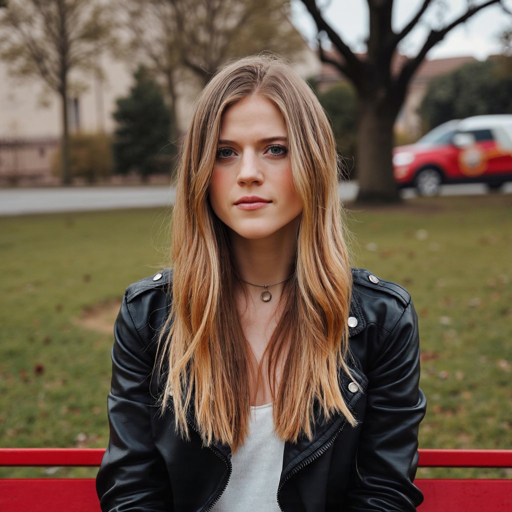 A portrait of rose_leslie with long, straight blonde hair, captured in a candid moment outdoors. She sits on a red bench, her gaze directly at the camera. She wears a black leather jacket over a white top. The background shows a park with a tree and a red car with a cartoon character on the side. The image has a muted color palette of red, black, and white.