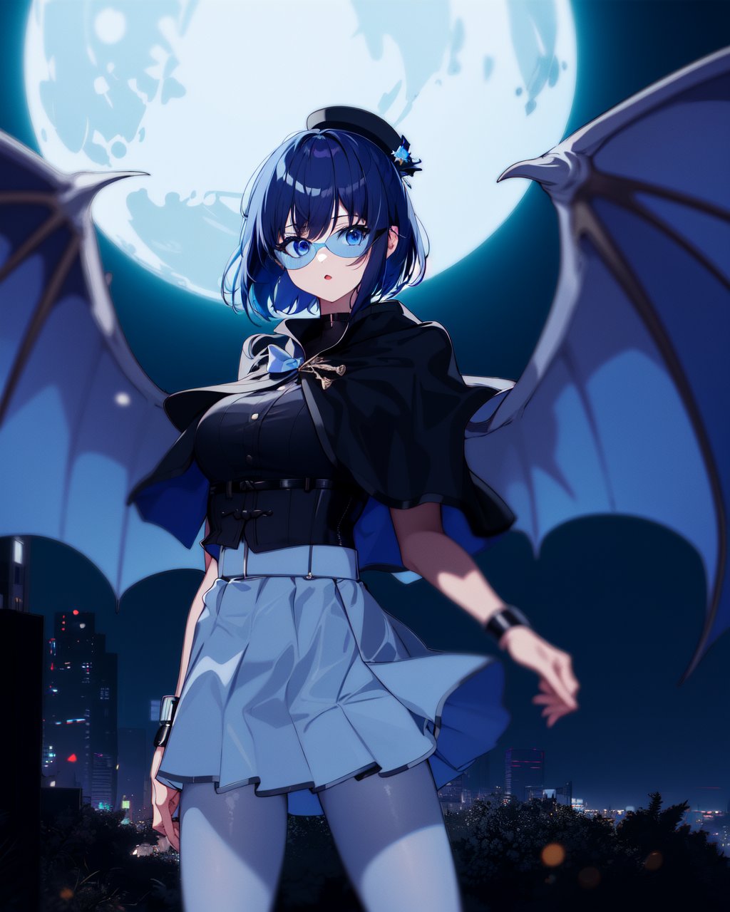 1girl, lillaevil, blue hair, blue eyes, short hair, black capelet, skirt, white pantyhose, blue demon wings, blue-tinted eyewear, mini hat,outdoors, city, night sky, blue ambient lighting, cyberpunk, moon,<lora:lillav3:1>