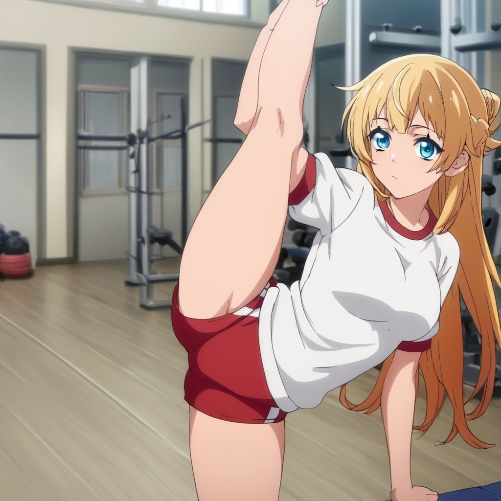 score_9, score_8_up, score_7_up, score_6_up, score_5_up, score_4_up, source_anime,ritto, 1girl, solo, gym uniform, gym, standing split, looking at viewer,masterpiece, perfect face, best quality, beautiful girl, cute girl, beautiful eyes, shiny eyes, anime coloring, anime screencap, absurdres, award winning,<lora:ritto auti 901 1:1>