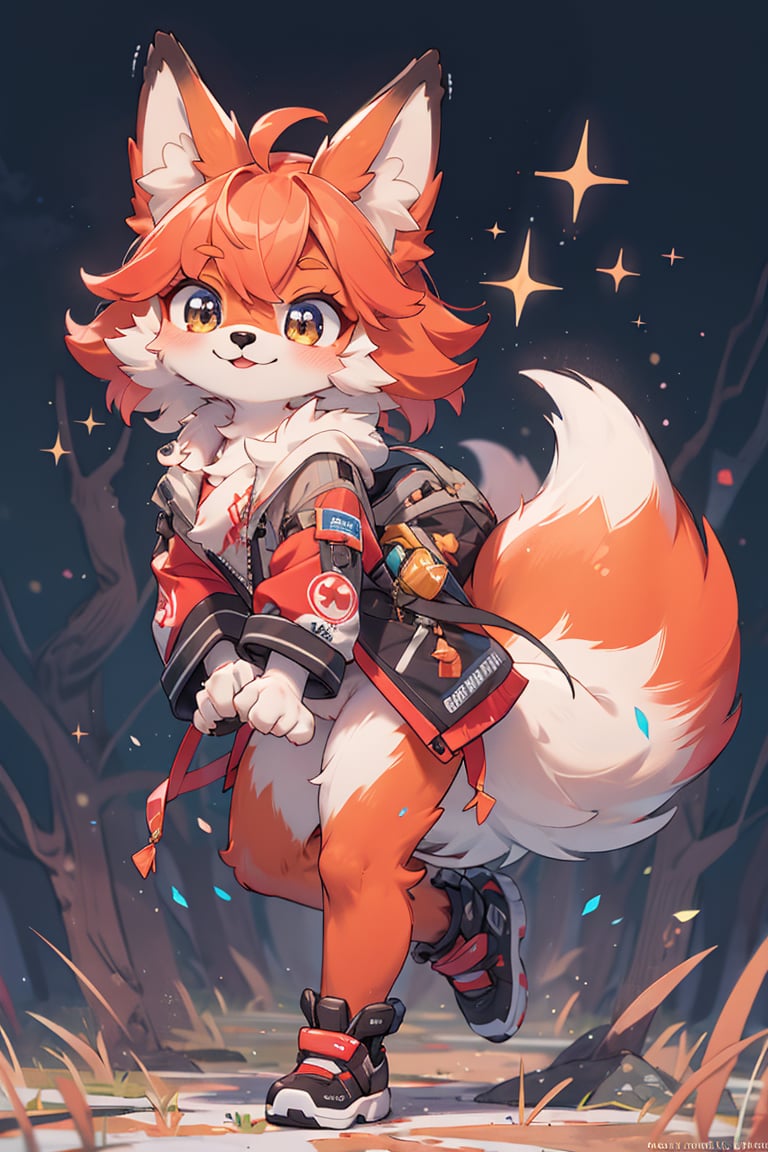 From front, full body,best quality,( masterpiece,ultra detailed 8k art),Fluffy body,Fluffy,(fluffy best hands:0.7),(anthro),focus 1 girl,furry fox female,(Close up 1 fox girl:0.7),smile,fox ears