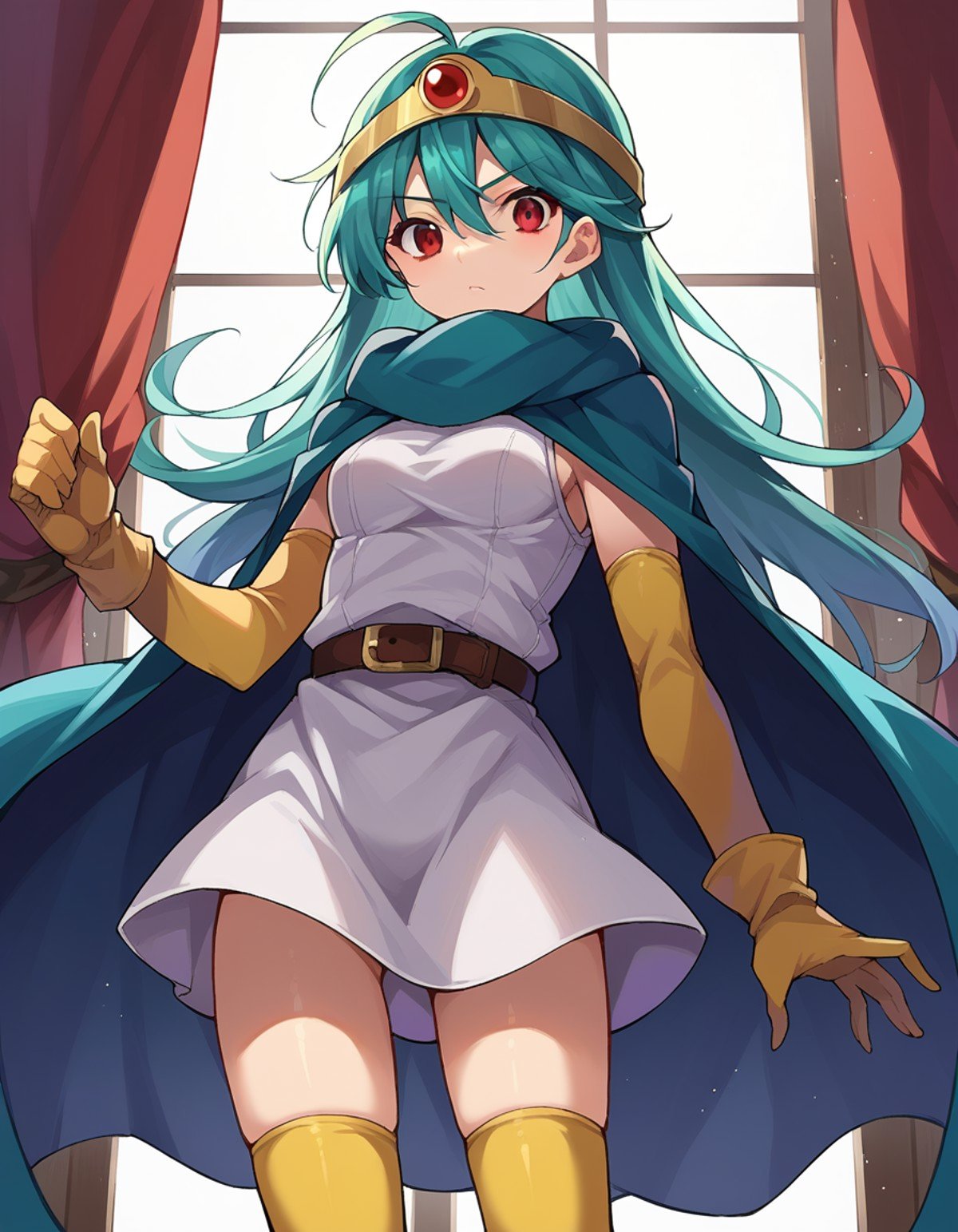 score_9, score_8_up, score_7_up, source_anime,dqsage, <lora:dq-sage-ponyxl-lora-nochekaiser:1>,sage, ahoge, aqua hair, red eyes, long hair,belt, buckle, cape, capelet, circlet, cloak, dress, elbow gloves, gloves, scarf, short dress, sleeveless, sleeveless dress, thighhighs, yellow gloves,indoors,looking at viewer, dutch angle, cowboy shot,