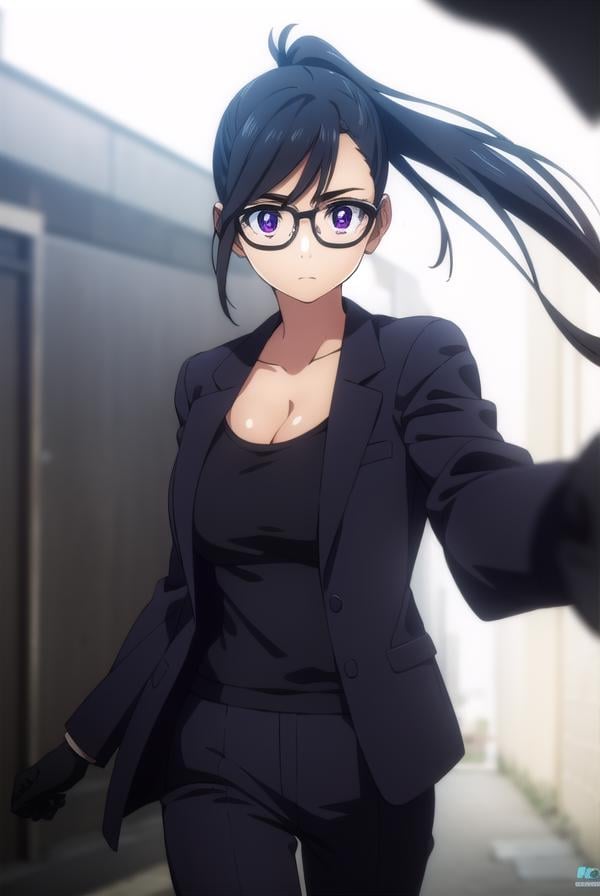 hizuruminakata, <lora:hizuru minakata s1-lora-nochekaiser:1>,hizuru minakata, long hair, black hair, glasses, (purple eyes:1.1), black-framed eyewear,BREAK ponytail, shirt, gloves, cleavage, collarbone, jacket, black gloves, pants, black jacket, black shirt, black pants, formal, suit,BREAK outdoors,BREAK looking at viewer,BREAK <lyco:GoodHands-beta2:1>, (masterpiece:1.2), best quality, high resolution, unity 8k wallpaper, (illustration:0.8), (beautiful detailed eyes:1.6), extremely detailed face, perfect lighting, extremely detailed CG, (perfect hands, perfect anatomy),