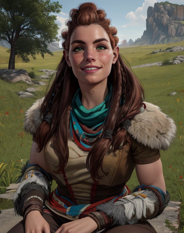 aloy,red hair,long hair,green eyes,tribal,dress,smile,upper body,sitting,outdoors,(insanely detailed, masterpiece, best quality),solo,<lora:aloy-10HFW-ALT:0.9>,