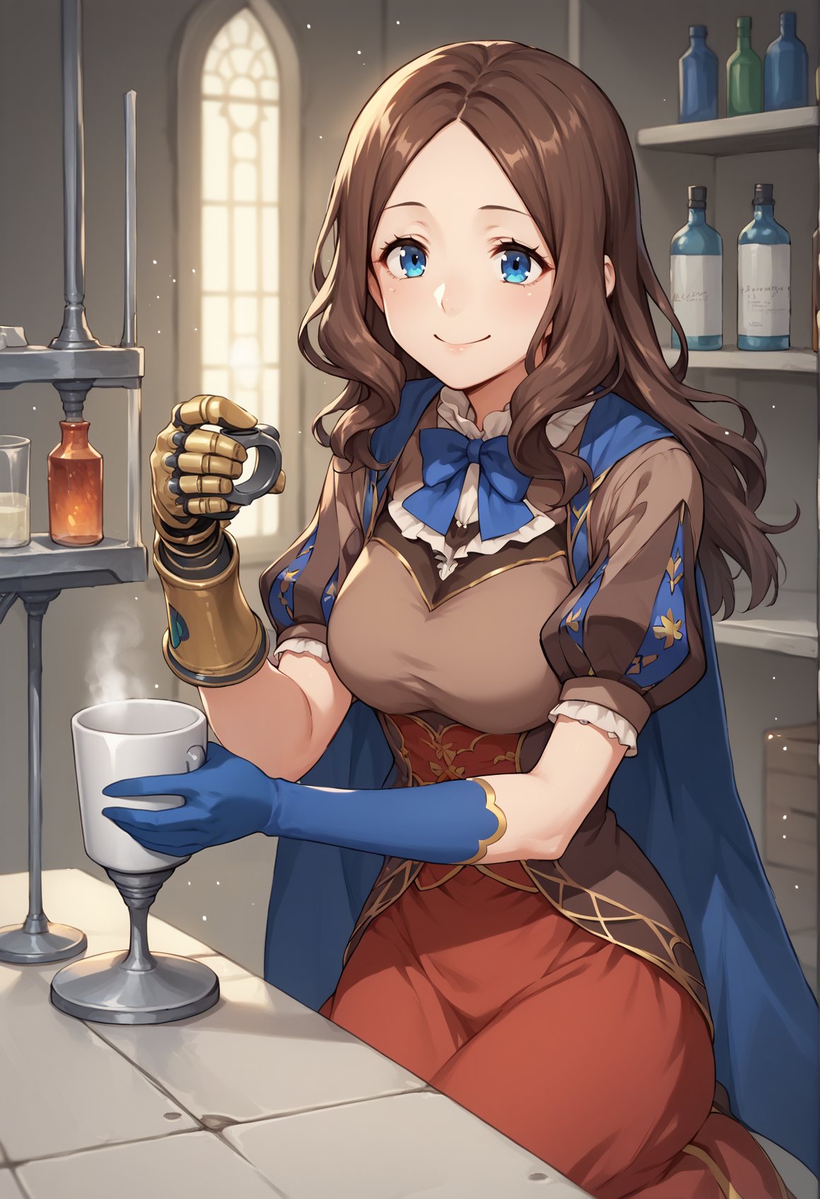 1girl, long hair, blue eyes, brown hair, sidelocks, forehead, dress, brown shirt, puffy sleeves, short sleeves, red skirt, cape, blue thighhighs, elbow gloves, single gauntlet, upper body, indoors, laboratory, smile, mature female, holding mug, full body, standing <lora:Vinci_XL:1>, score_9, score_8_up, score_7_up, score_6_up, score_5_up, score_4_up, BREAK source_anime, masterpiece