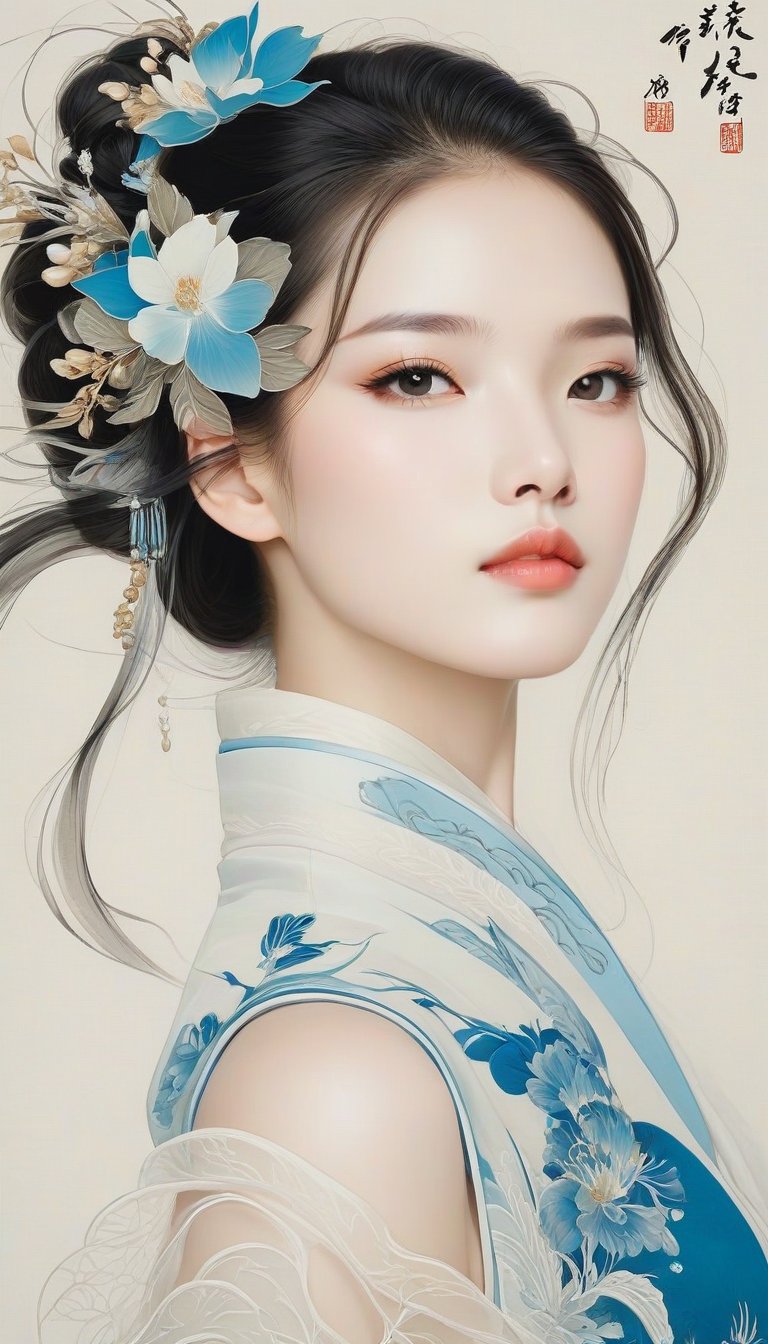 Traditional Chinese painting style,1girl,Elegant,Portrait Photogram,detailed gorgeous face,