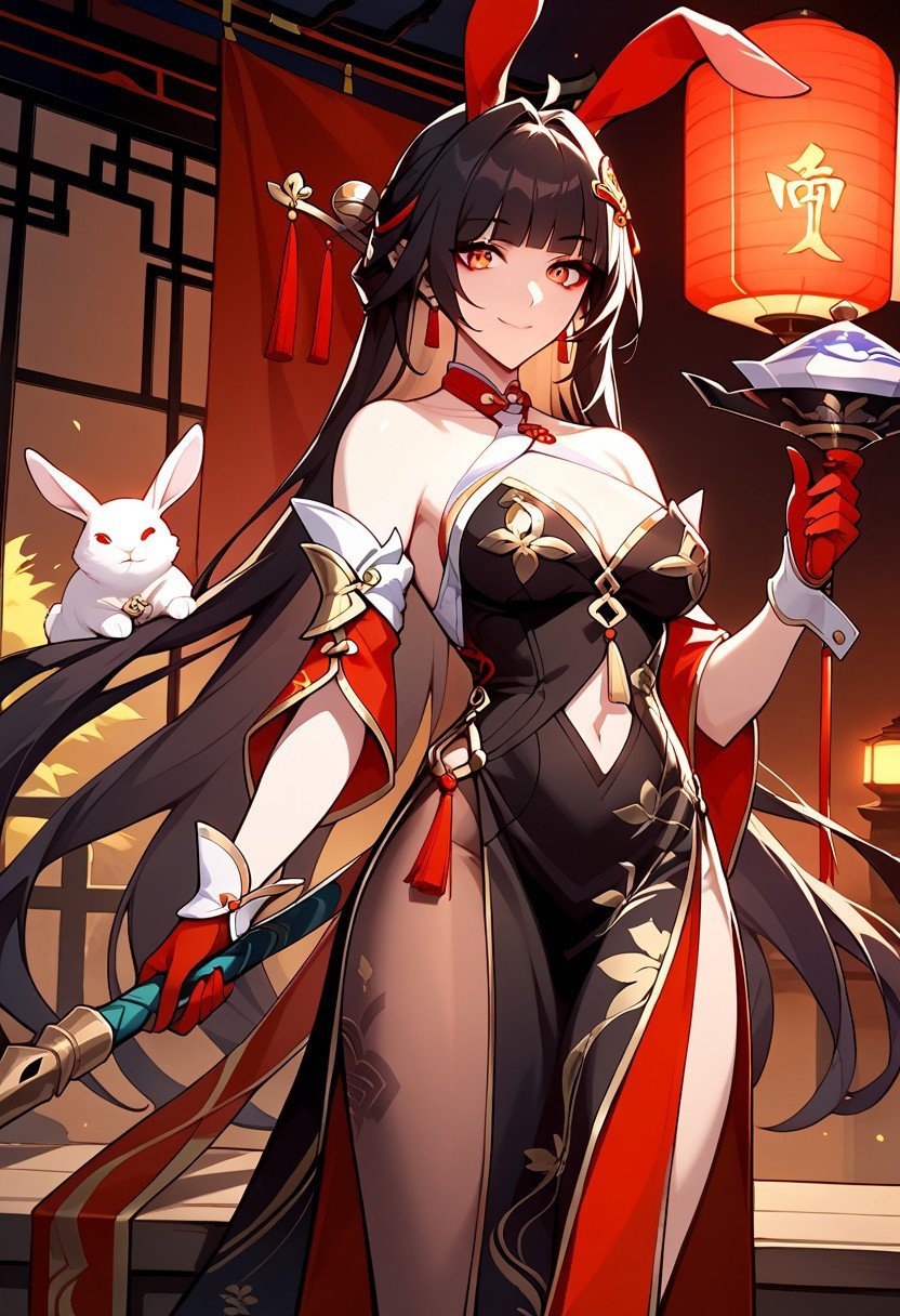 score_9,score_8_up,score_7_up,source_anime, Lingsha,1girl,solo,breasts,looking at viewer,smile,hair ornament,gloves,dress,holding,closed mouth,jewelry,bare shoulders,weapon,detached sleeves,animal,chinese clothes,red gloves,rabbit,