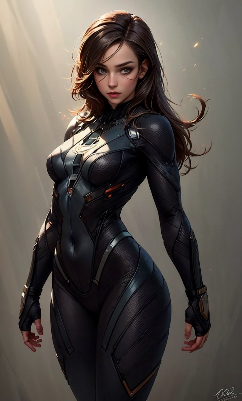 <lora:Superhero_suit-000007:.7>,<lora:more_details:0.4>, (ambient lighting:1.2), (volumetric lighting:1.2), (fine details:1.1), photorealistic, depth of field,1 girl, woman,   ombre, superhero bodysuit:2, hips, legsfocus on character, solo, ), solo, from front, front view,   detailed face,grey background, sexy, cute
