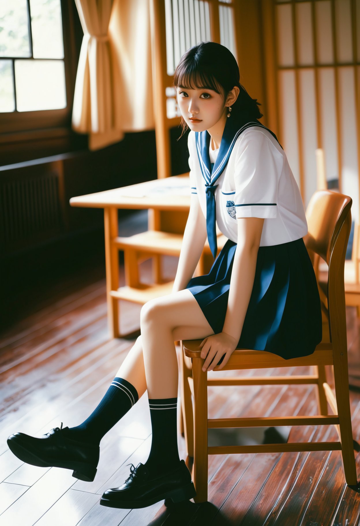 photograph Photograph, retro, young woman in a Japanese school uniform, sitting on a wooden chair, natural light from the left, soft and nostalgic mood, polka-dot curtains, wooden furniture, relaxed pose, long black socks, serene expression, warm beige tones, indoor setting.,, 50mm . cinematic 4k epic detailed 4k epic detailed photograph shot on kodak detailed cinematic hbo dark moody, 35mm photo, grainy, vignette, vintage, Kodachrome, Lomography, stained, highly detailed, found footage