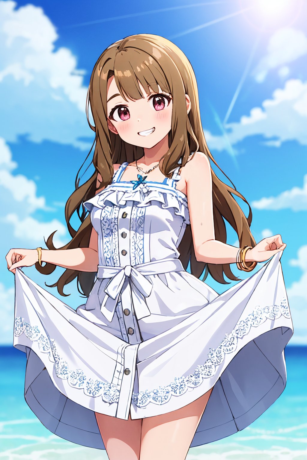 miyao miya, pure one-piece, grin, dress lift, curtsey, looking at viewer, standing, skirt basket, 1girl, skirt hold, depth of field, bare shoulders, skirt lift, smile, blue sky, day, cloud, lens flare, wading, sky, ocean, blurry background, lifted by self, collarbone, water, clothes lift, blush, bracelet, cowboy shot, solo, outdoors, white dress, sleeveless dress, frilled dress, sundress, butterfly necklace <lora:miyao_miya_locon_v2:0.7>