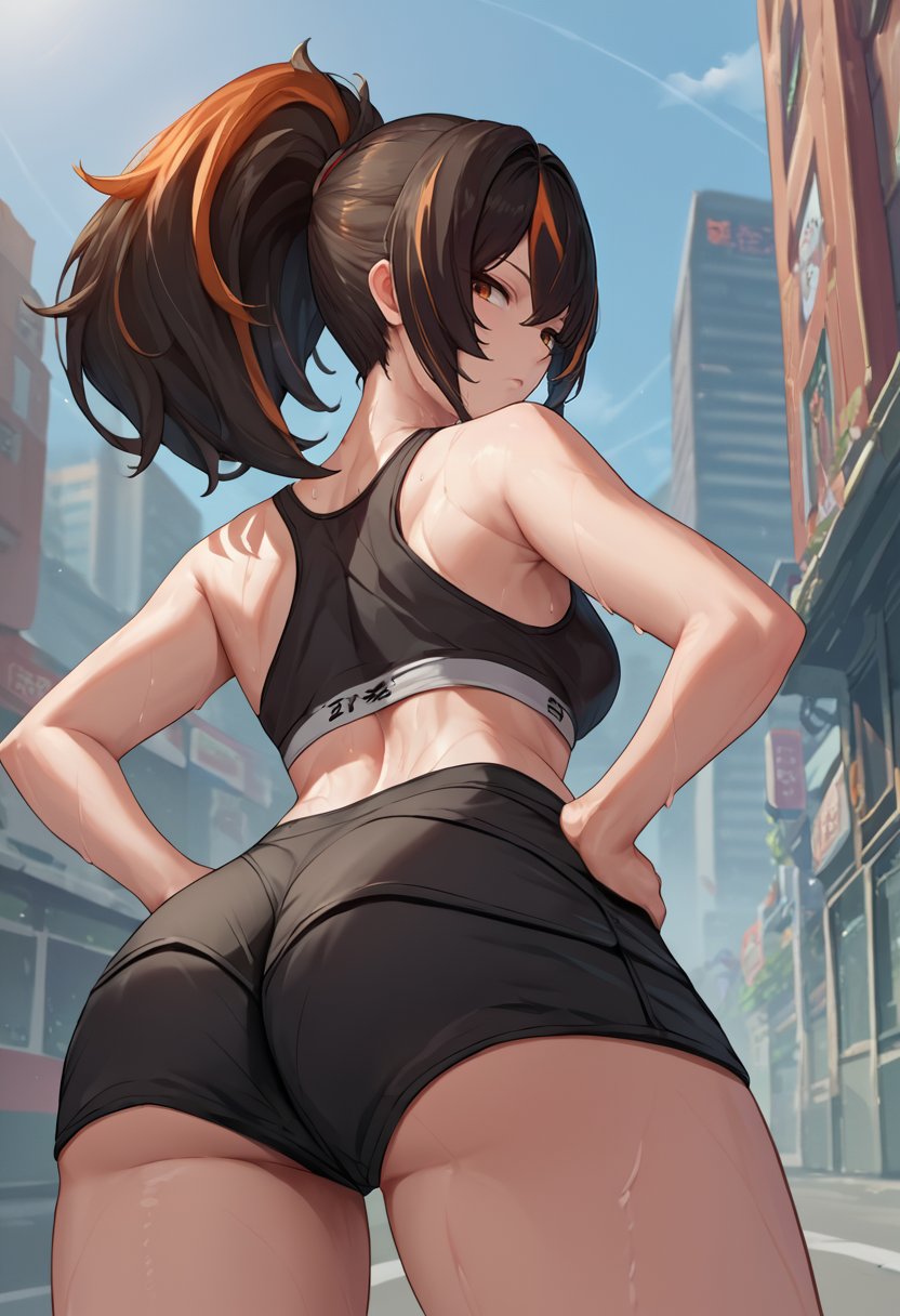 score_9, score_8_up, score_7_up, source_anime, from behind, solo, 1girl, zhuyuan, sweat, expressionless, looking back, hands on own hips, ponytail, orange eyes, black sports bra, black shorts, short shorts, ass, outdoors, city street <lora:zzz_zhuyuan_ponyXL:1>