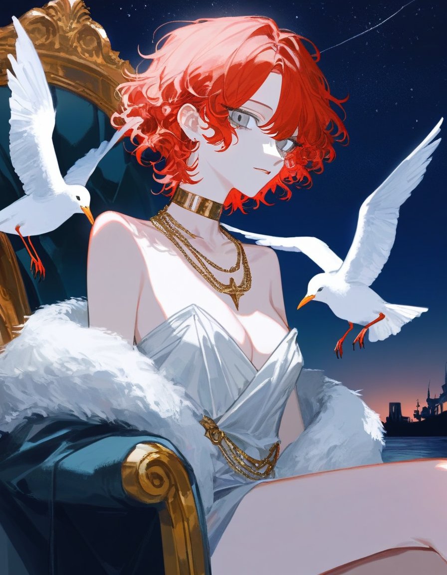 (dino \(dinoartforame\), cogecha:0.7), (quasarcake, 3j dangan,:1.1), 1girl, solo, breasts, looking at viewer, cleavage, jewelry, upper body, red hair, parted lips, sky, choker, medium hair, necklace, grey eyes, night, bird, star \(sky\), night sky, starry sky, curly hair, seagull, toga, luxurious armchair, gold