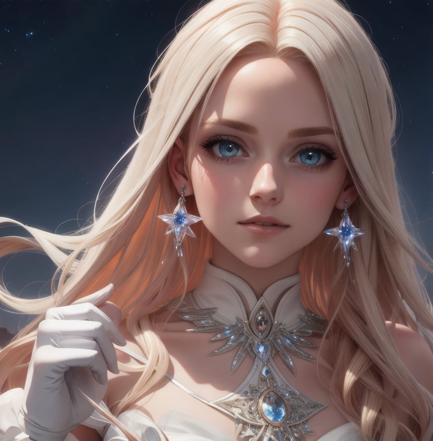 hair red gradient white blonde, night sky, detailed face, face focus, shiny skin, game cg, nigh sky, moonlight, moon, white gloves, magical girl beauty in dress glass, Intricate Surface Detail, Crystal Core , Ethereal Fantasy, Realistic, Fiction, Full-HD, 8K Photo