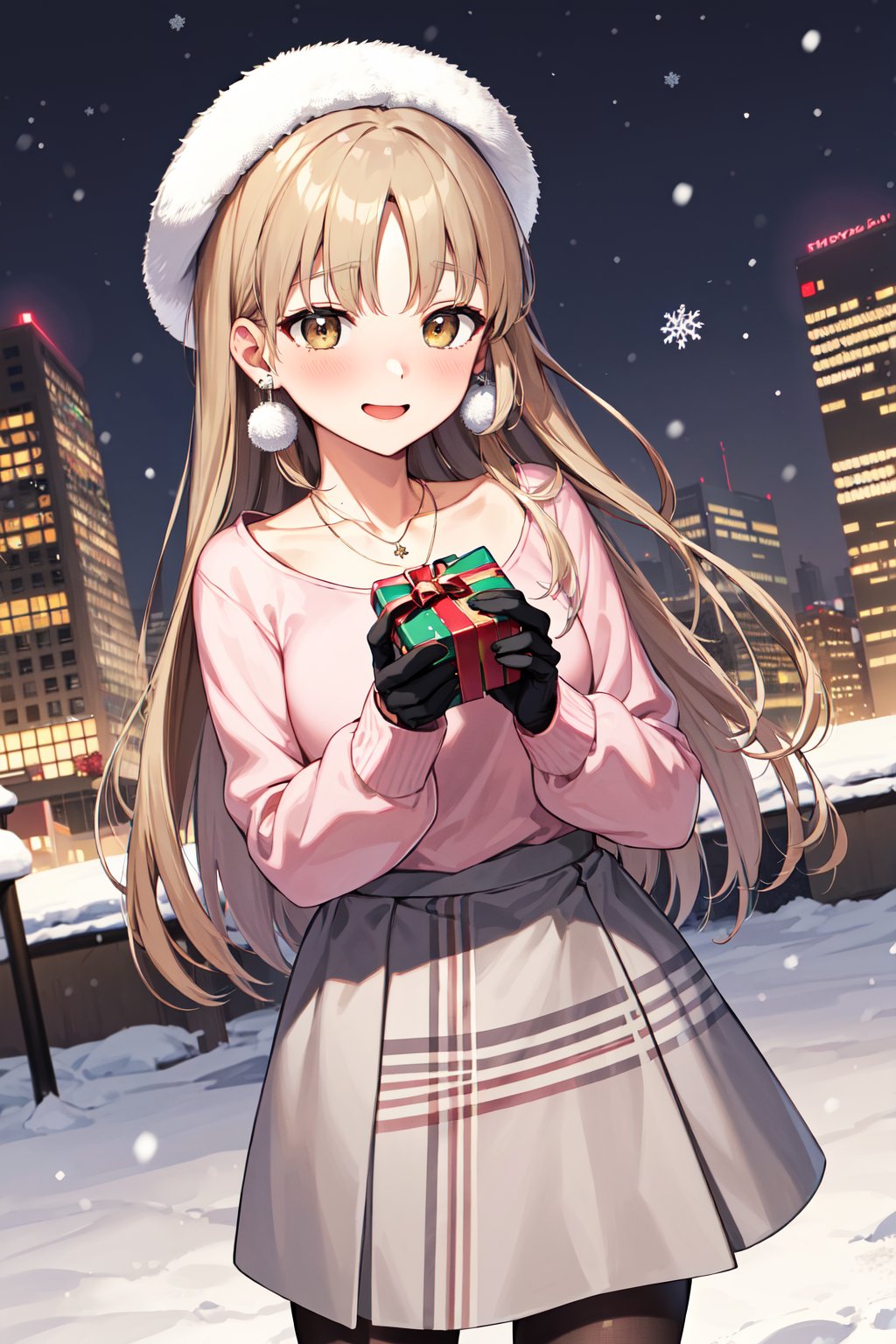 masterpiece, best quality, highres, ccsister, long hair, white headwear, earrings, collarbone, necklace, pink sweater, long sleeves, black gloves, plaid skirt, grey skirt, black pantyhose, <lora:sister_cleaire_v2:0.7>, snow, city, standing, cowboy shot, embarrassed, blush, holding gift, gift box, smile, christmas, 