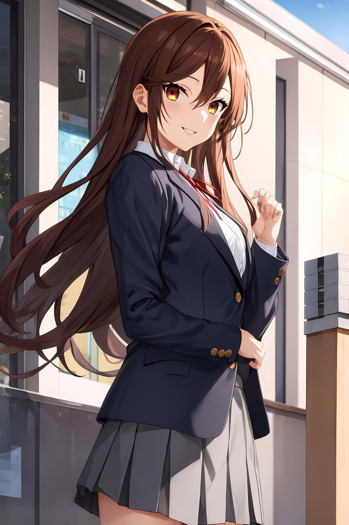 (masterpiece,hires), (2.5D:0.2), female focus, 1girl, long hair, horiK,, school uniform, white shirt, grey skirt,  blazer,  red ribbon,   standing,  outdoors,  smile,medium breasts,(simple background:1.2), , looking at viewer, natural lighting,    <lora:me_hori-08:0.7>