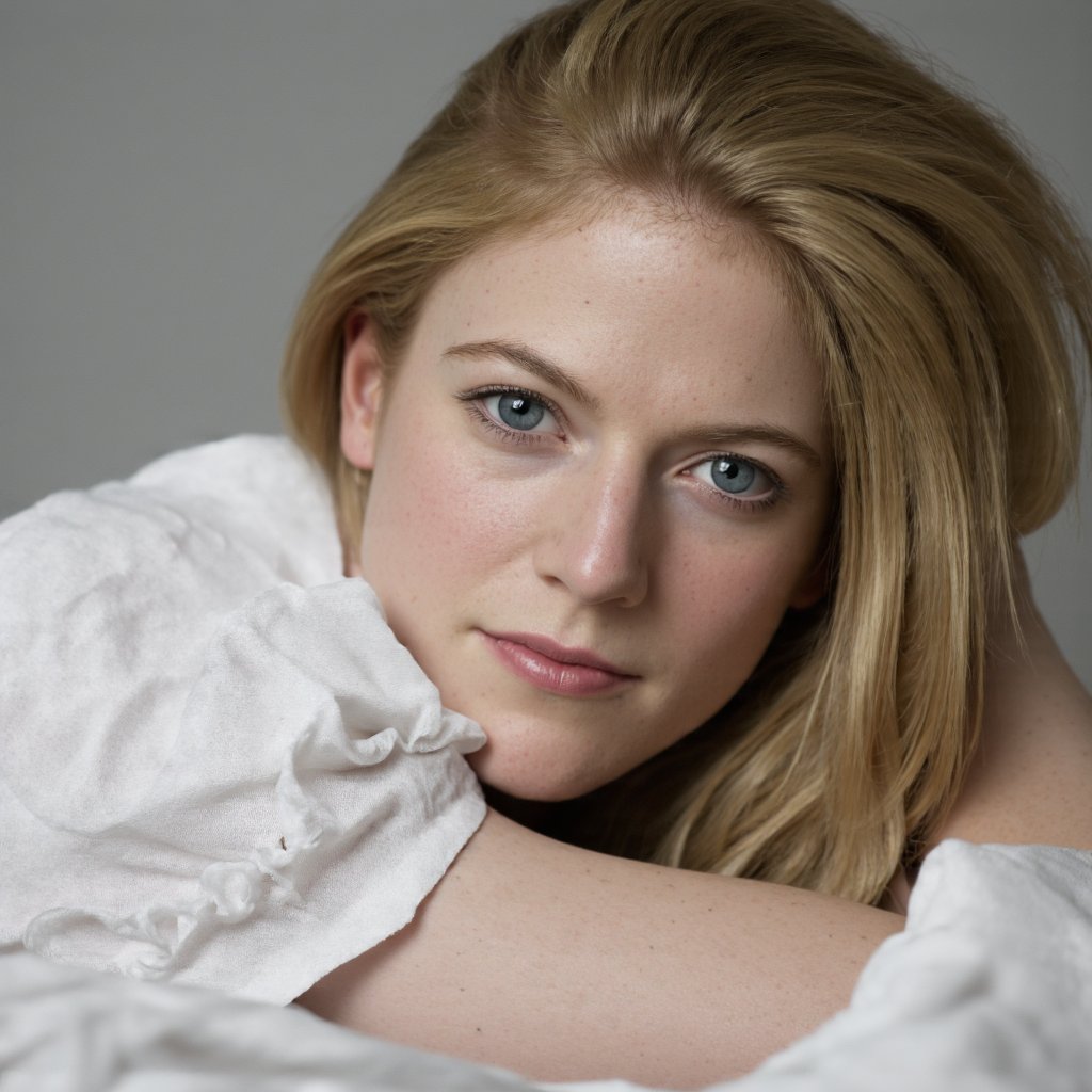 A close-up portrait of rose_leslie lying down, her head resting on her arm. She has fair skin and striking blue eyes. Her blonde hair is styled in loose waves, and she wears a white blouse with ruffles. The blurred background emphasizes the subject. Soft lighting casts gentle shadows on her face, highlighting her features and clothing. The image conveys a serene and contemplative mood.