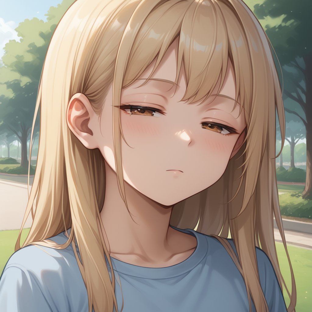 score_9, source_anime, <lora:age_slider_v4:-1.8>, outdoor, park, 1girl, upper_body, blonde hair, long hair, brown eyes, light blue shirt, <lora:sweo_v5-000012:0.8>, sweo, (half-closed eyes:1.51), 