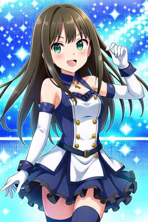 (masterpiece) ,shibuya rin, long hair, brown hair, green eyes, 1girl, solo, gloves, thighhighs, open mouth, elbow gloves, smile, dress, looking at viewer