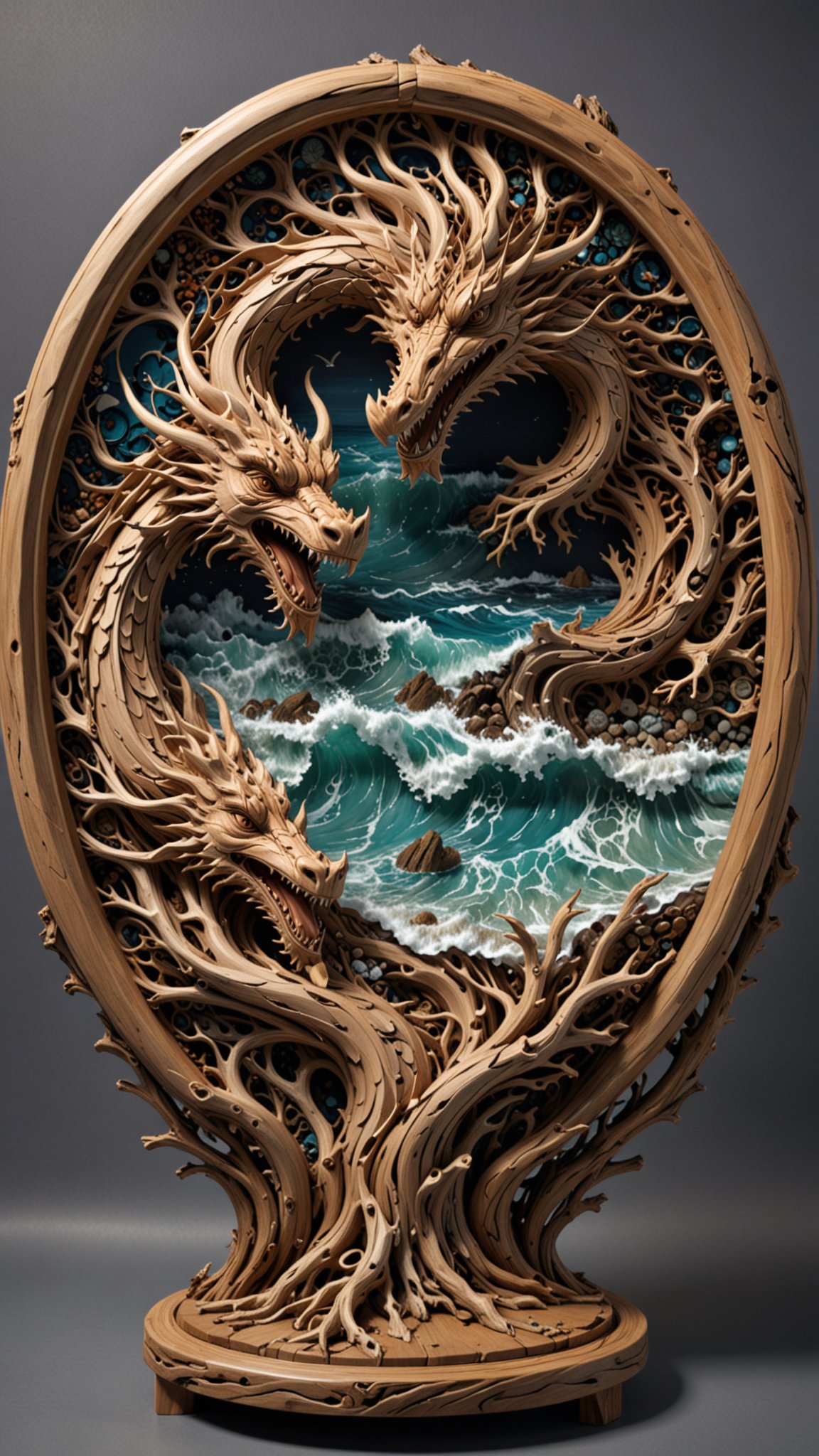 round plate on a display stand, hand Carved, 3D Seascape, abstract art, Carving, Ultra Intricacies, EPIC, <lora:3D_Framed_Wall_Art_-_By_DICE:0.4>, (3D Framed, Plate), <lora:Driftwood_Detailed_Art_-_By_DICE:0.8> , driftwood dragon, Painstaking Attention To Details, UHD