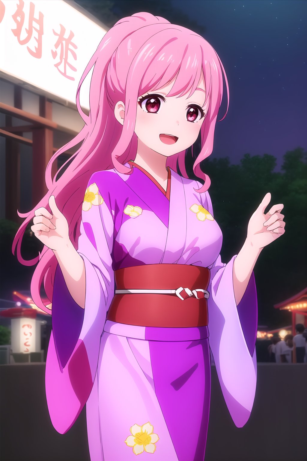 (masterpiece, best quality), highly detailed background, perfect lightingbest quality, yanagidakaoruko, solo, outdoors, night, summer festival, pink hair, high ponytail, swept bangs, wavy hair, very long hair, sidelocks, pink eyes, medium breasts, purple kimono, floral print, japanese clothes, smile, open mouth, :d, <lora:Yanagida-Kaoruko-2-10:0.7>